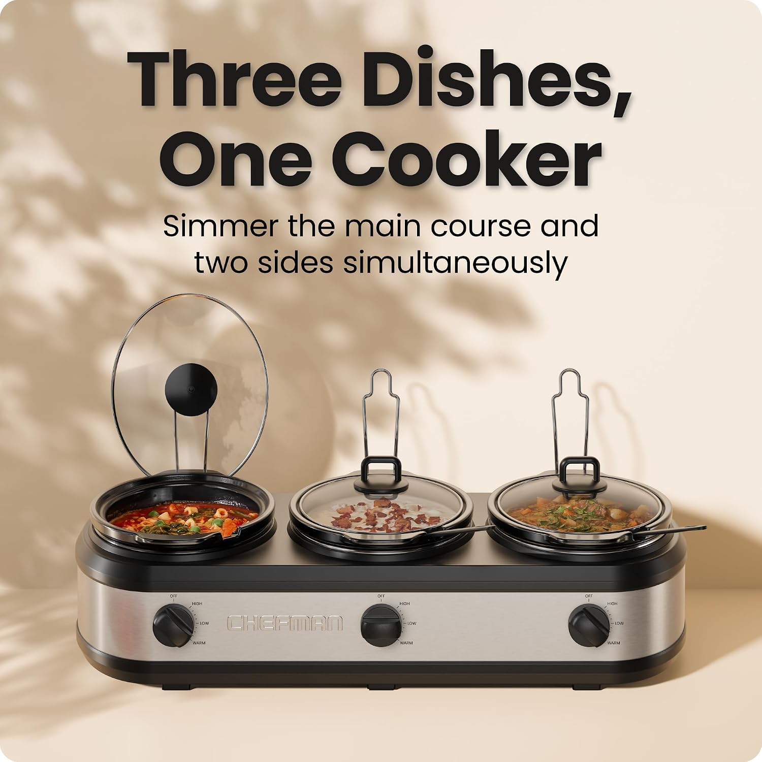 Chefman Triple Slow Cooker & Food Warmer, Three Crock Slowcooker with 2.5 Qt. Ceramic Crocks, 7.5-Quart Total Capacity, PFAS-Free, Three Temperature Settings, Dishwasher-Safe Parts – Stainless Steel