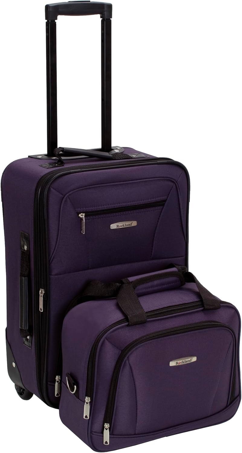 Rockland Fashion Softside Upright Luggage Set,Expandable, Telescopic Handle, Wheel, Black Dot, 2-Piece (14/19)