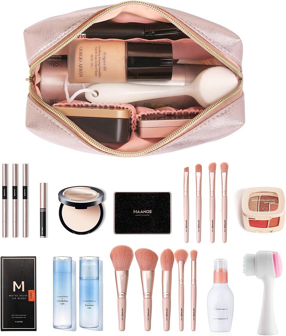 MAANGE 3 Pcs Makeup Bag Portable Travel Cosmetic Bag Large Makeup Bag Organizer with Gold Zipper Waterproof Toiletry Bags for Women and Girls(Rose