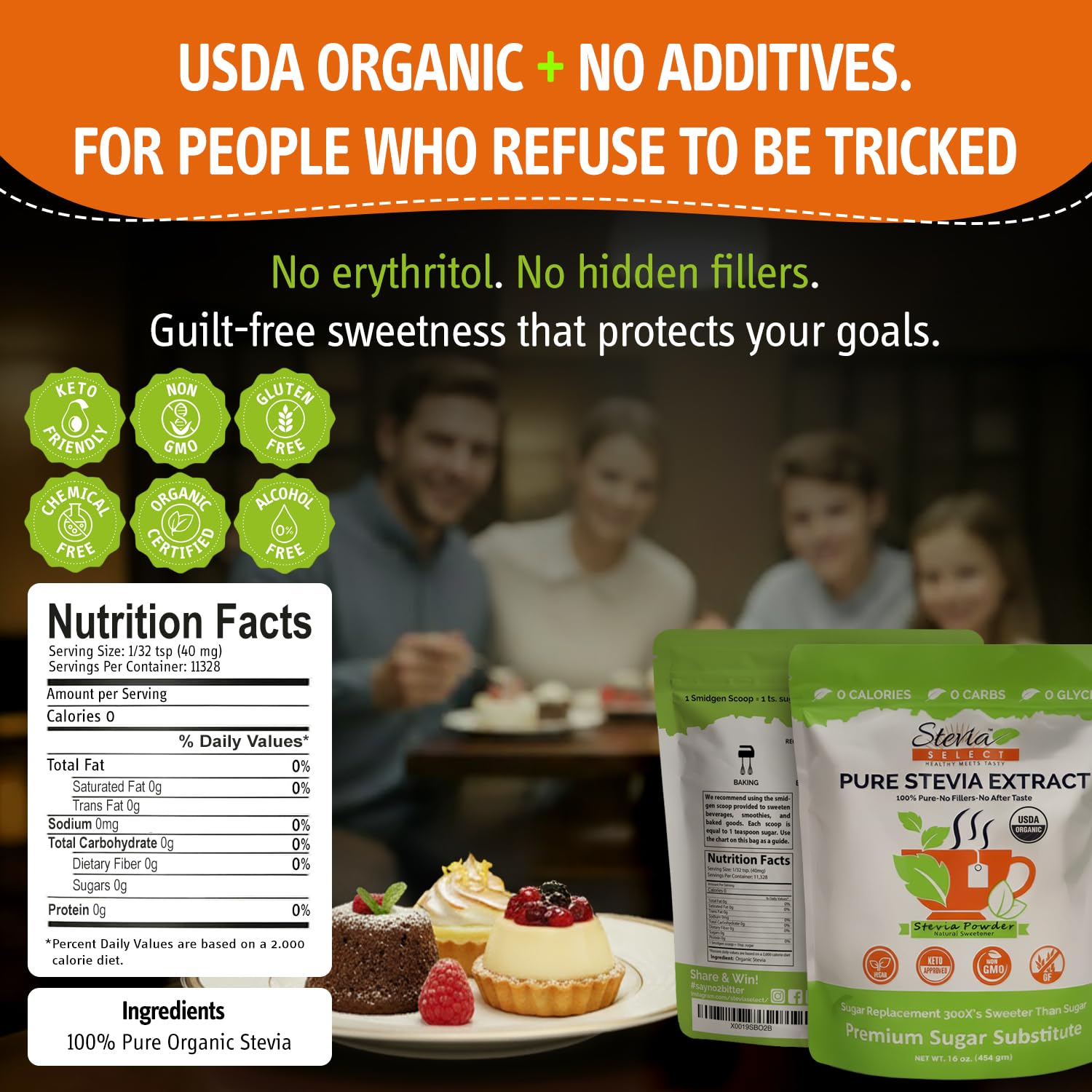 Stevia Select Organic Stevia Powder 1.25oz - Sugar Free Plant Based Pure Stevia Sweetener Stevia Extract Keto Sugar Substitute No Additives Zero Calorie
