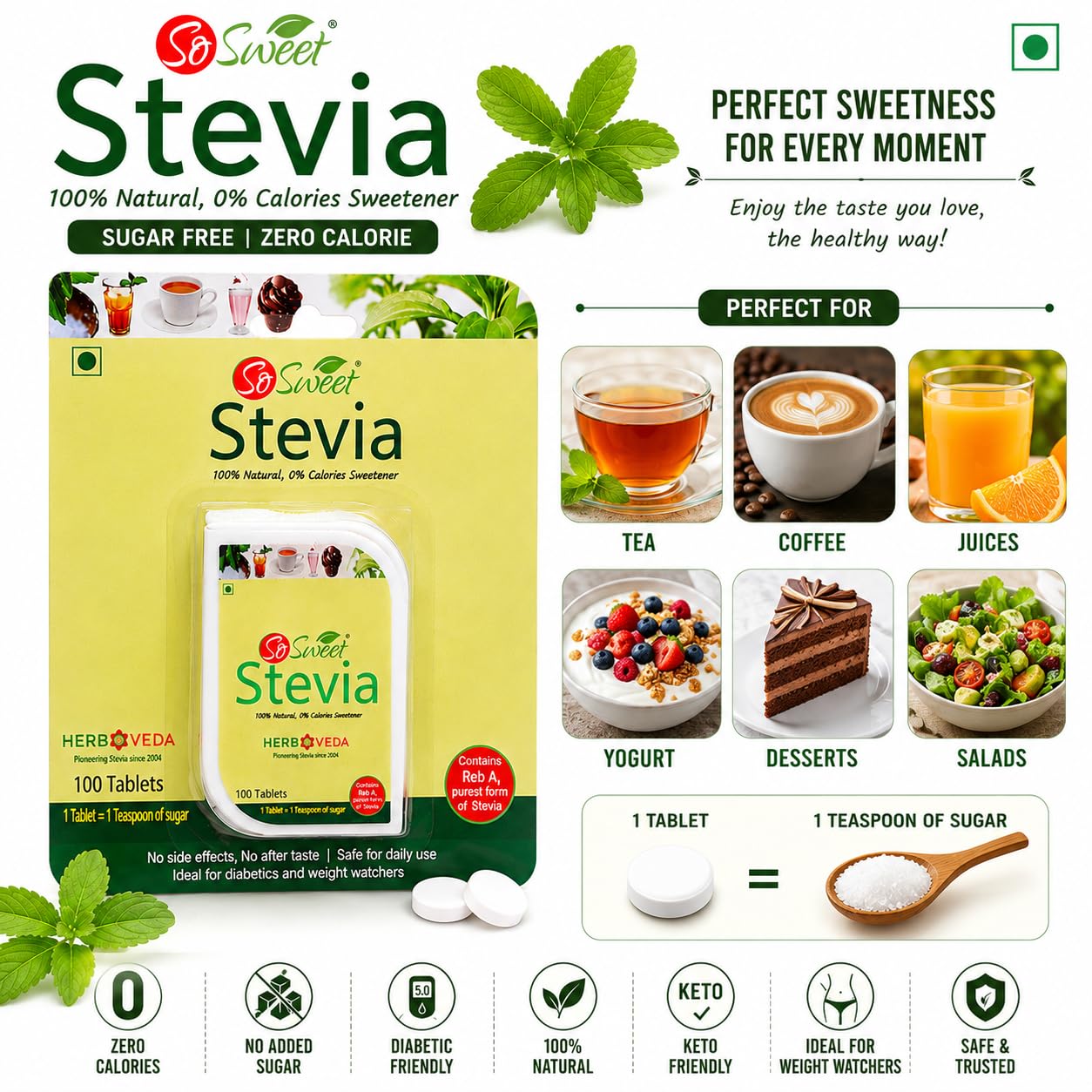 So Sweet Stevia 500 Tablet Dispenser - Natural Sweetener, Zero Calories, Keto-Friendly, Sugar Substitute, No Artificial Flavors, Convenient Travel Size