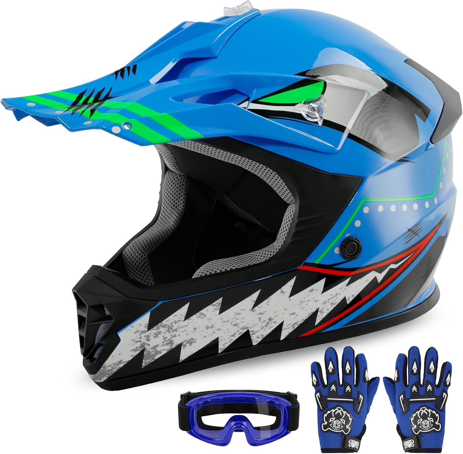 Kids Dirt Bike Helmet Youth Motorcycle Helmet DOT-Certified Full Face Helmets for Motocross ATV Off-Road Street Bike with Goggles & Gloves, Blue Flame Medium | Motorcycle Riding Gear included Goggles & Gloves, Ultra-Lightweight, For ATV UTV Off-Road, Blu…