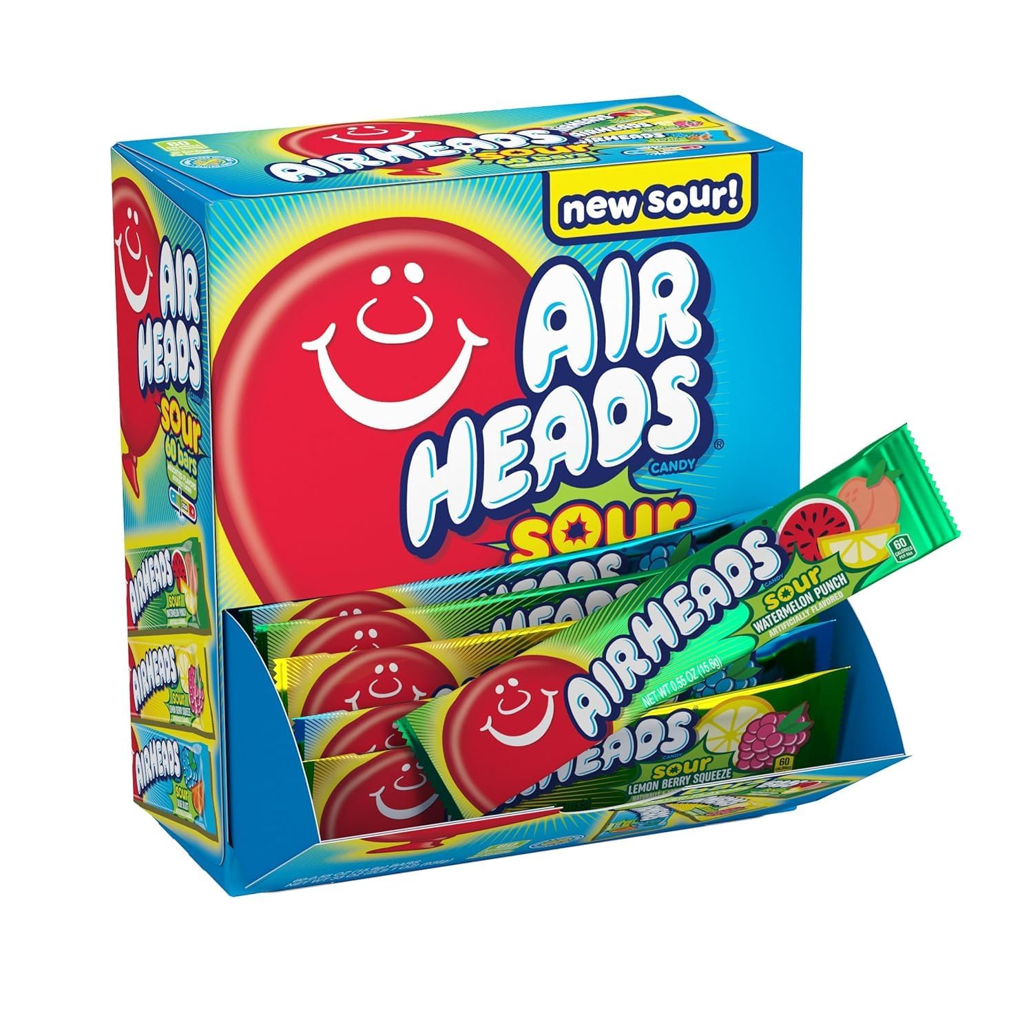 Airheads Full-Size Candy Bars, Assorted Taffy Variety Pack, 60 Count Box | Individually Wrapped Bulk Candy, Six Assorted Fruit Flavors, Artificially Flavored