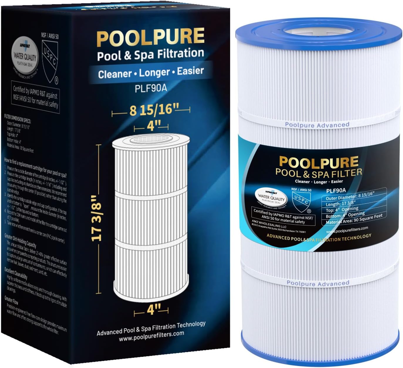 POOLPURE PLF90A Pool Filter Replaces Hayward C900, CX900RE, Pleatco PA90 | Compatible with Ultral-B6, Unicel C-8409, Filbur FC-1292, Sta-Rite PXC95