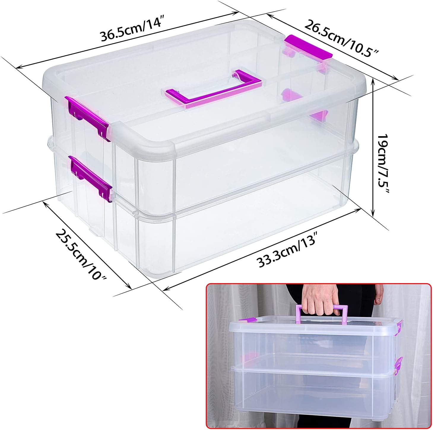 JUXYES 2-Tiers Plastic Stack Carry Storage Containers Box wih Handle Lids