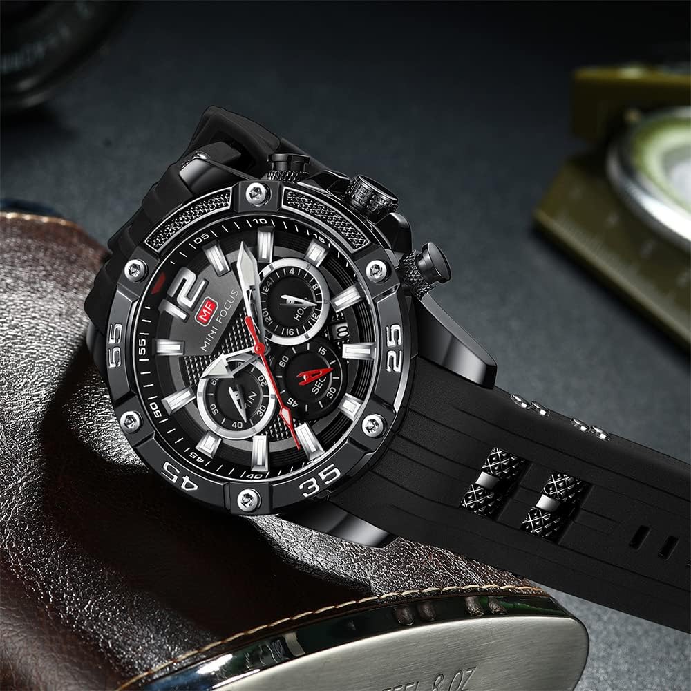 MF MINI FOCUS Men Watch, Chronograph Waterproof Sport Analog Quartz Watches Blue Silicon Strap Fashion Wristwatch for Men
