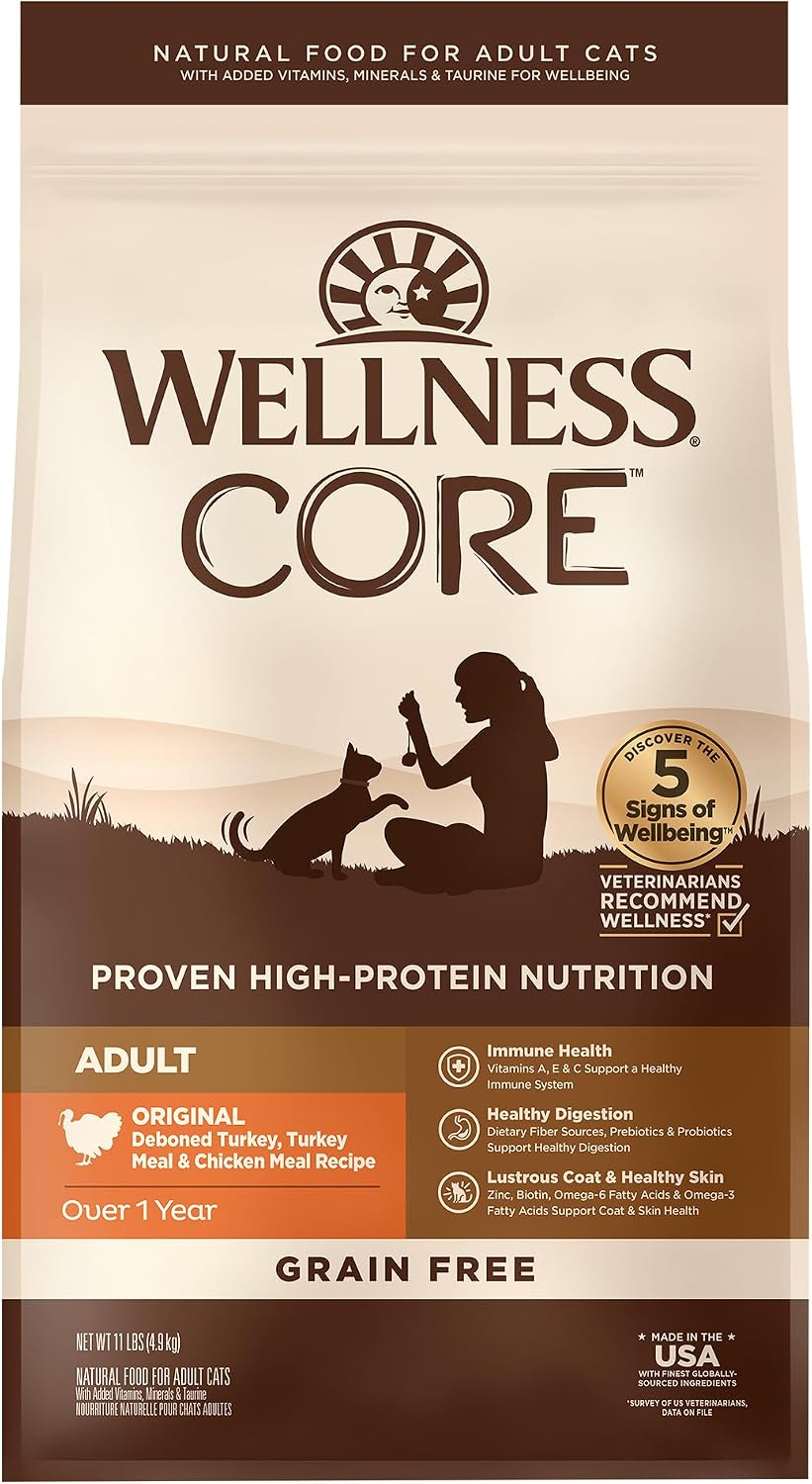 Wellness CORE+ Adult Dry Cat Food for Indoor Cats, Natural, Grain Free Kibble, Chicken, Turkey and Chicken Meal Recipe, 5 lb Bag