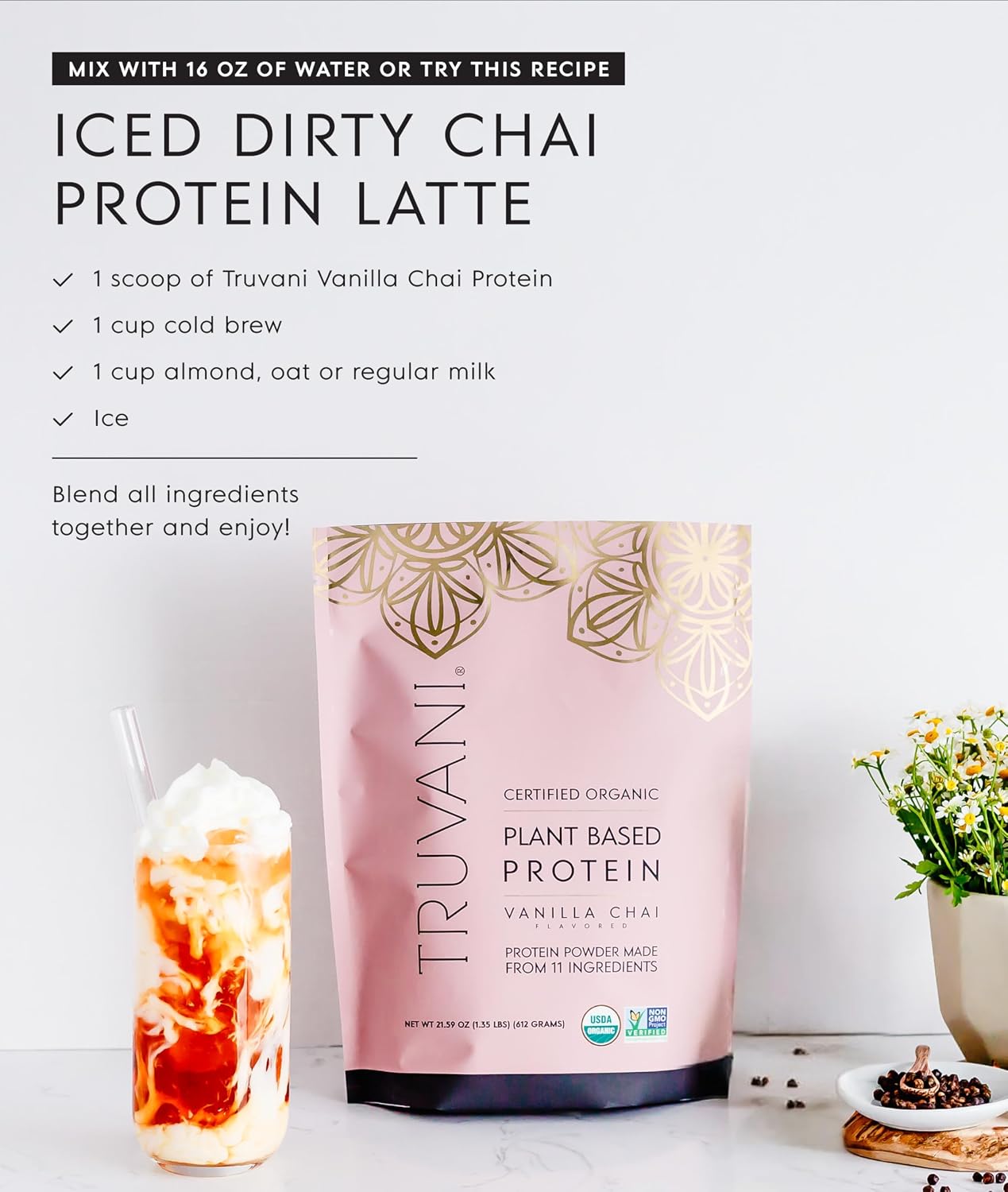 Truvani Organic Plant Based Protein Powder | Chocolate | 1 Serving
