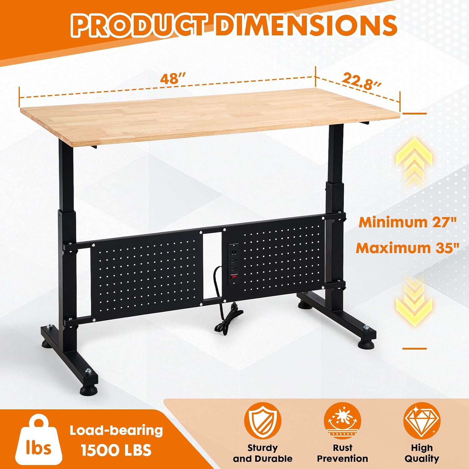 48" Adjustable Workbench, Work Table with Wheels and Power Outlet | 2000LBS Load Capacity Rubber Wood Top Workstation, Heavy-Duty Craft Table for Garage Workshop