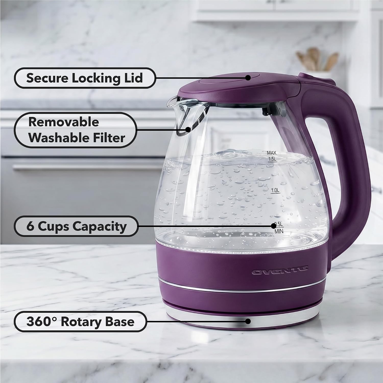 OVENTE 1.5L Glass Electric Kettle Water Boiler, Black KG83B | 1100W Fast Boiling, Borosilicate Glass, BPA-Free, Blue LED, Auto Shut-Off, Boil-Dry Protection, Removable Filter, 360° Base
