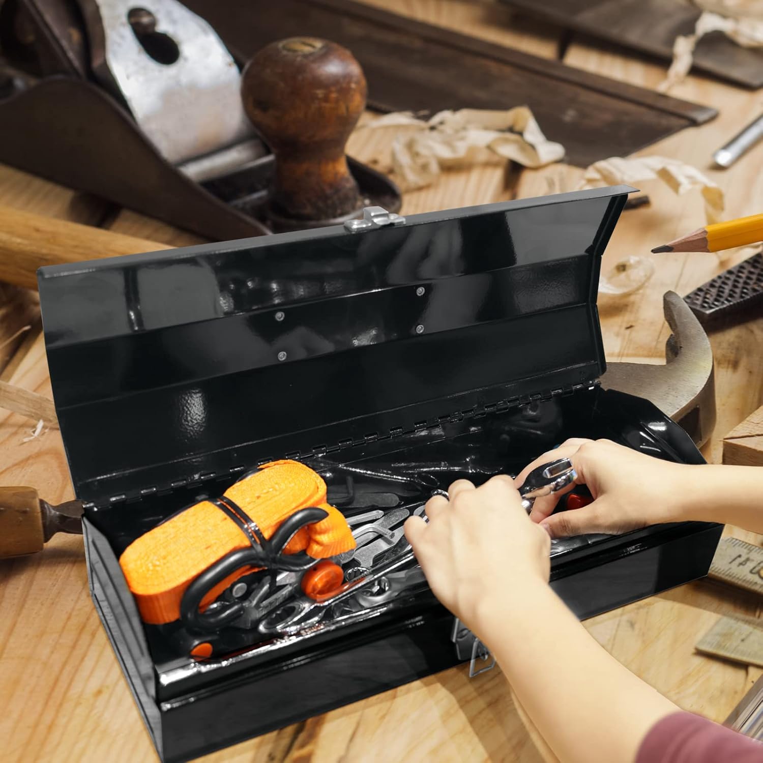 Torin ATB102B 16" Hip Roof Style Portable Steel Tool Box with Metal Latch Closure, Black