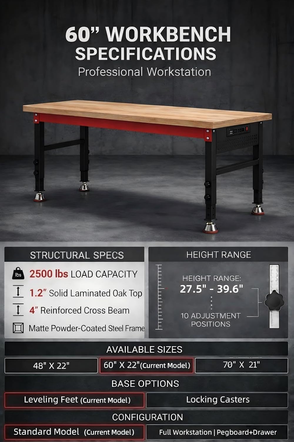 60" Heavy Duty Workbench, 2500 LBS Load Capacity Work Bench with 1.2" Laminated Oak Wood Top & Reinforced Steel Frame, Adjustable Height Work Table for Garage, Workshop, Office, Home (Casters)