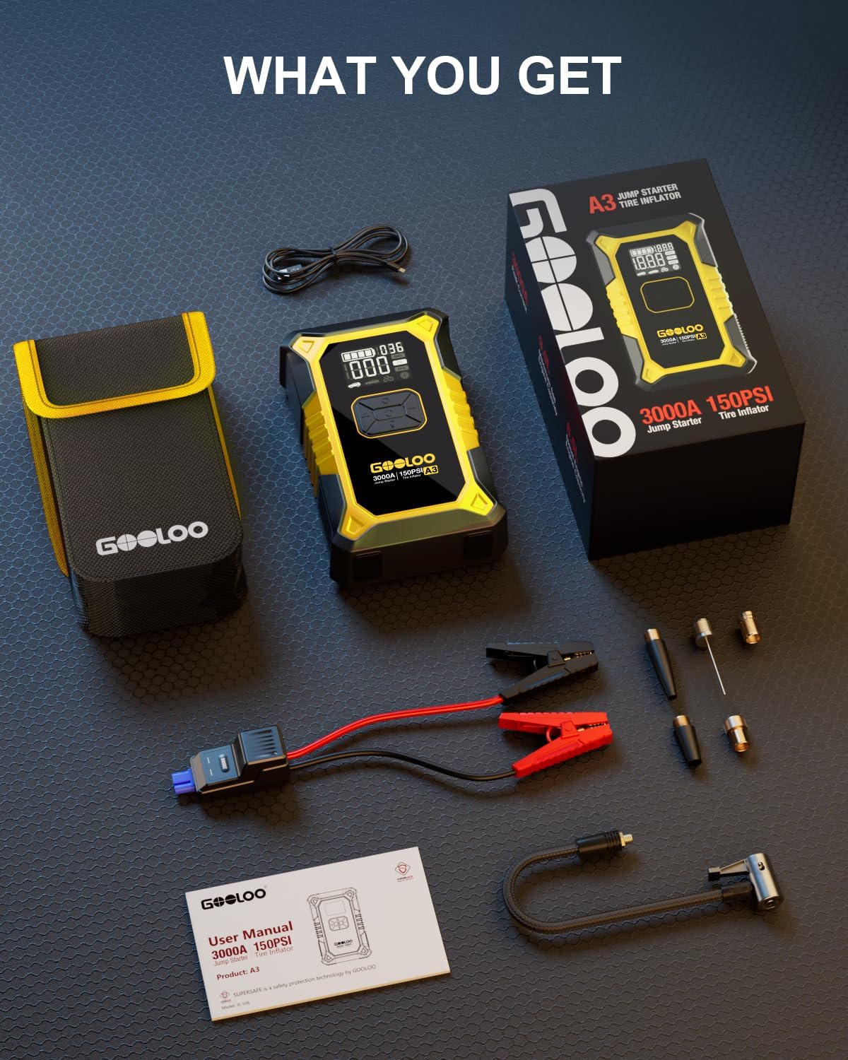 GOOLOO A3 12V 3000A Portable Jump Starter with Air Compressor | Supersafe Car Battery Booster Pack (9L Gas/6.5L Diesel) - BOOST for Dead Battery - 150 PSI Auto-Off Tire Inflator - LED Light
