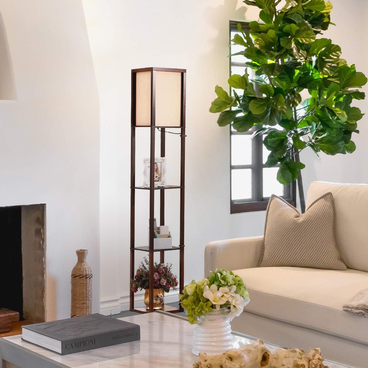 Brightech Maxwell - Modern Shelf Floor Lamp with Lamp Shade & Warm White LED Bulb, Corner Display Floor Lamp with Shelves for Living Room, Bedroom, Nightstand Office, Home Decor Storage - Natural Wood