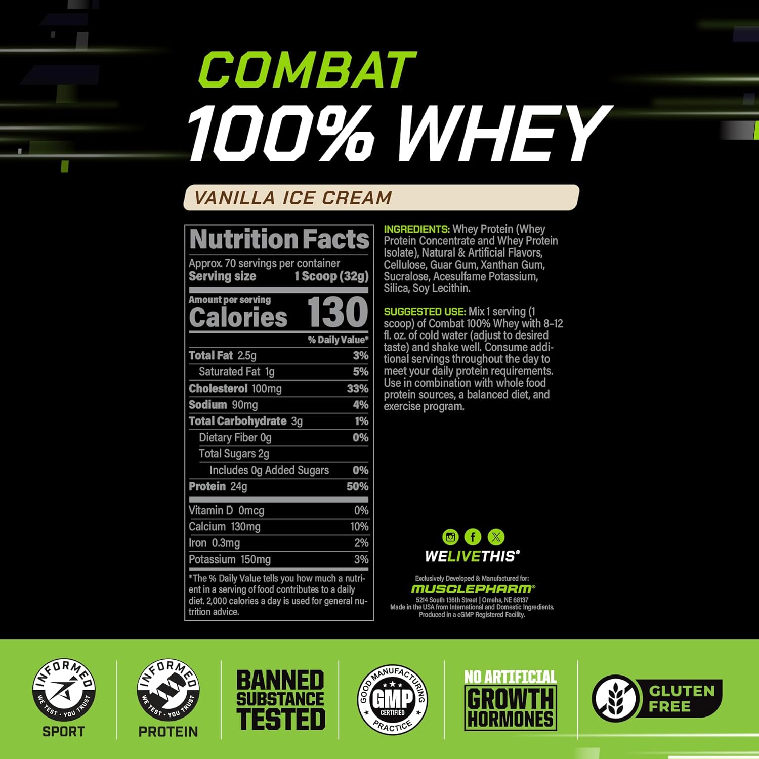 MusclePharm Combat 100% Whey Protein Powder, Vanilla Flavor, Fast Recovery & Muscle Gain with Whey Protein Isolate, High Protein Powder for Women & Men, Gluten Free, 5 lb, 70 Servings | Whey Protein Isolate, Fast Recovery Support, Muscle Gain Support, Hi…