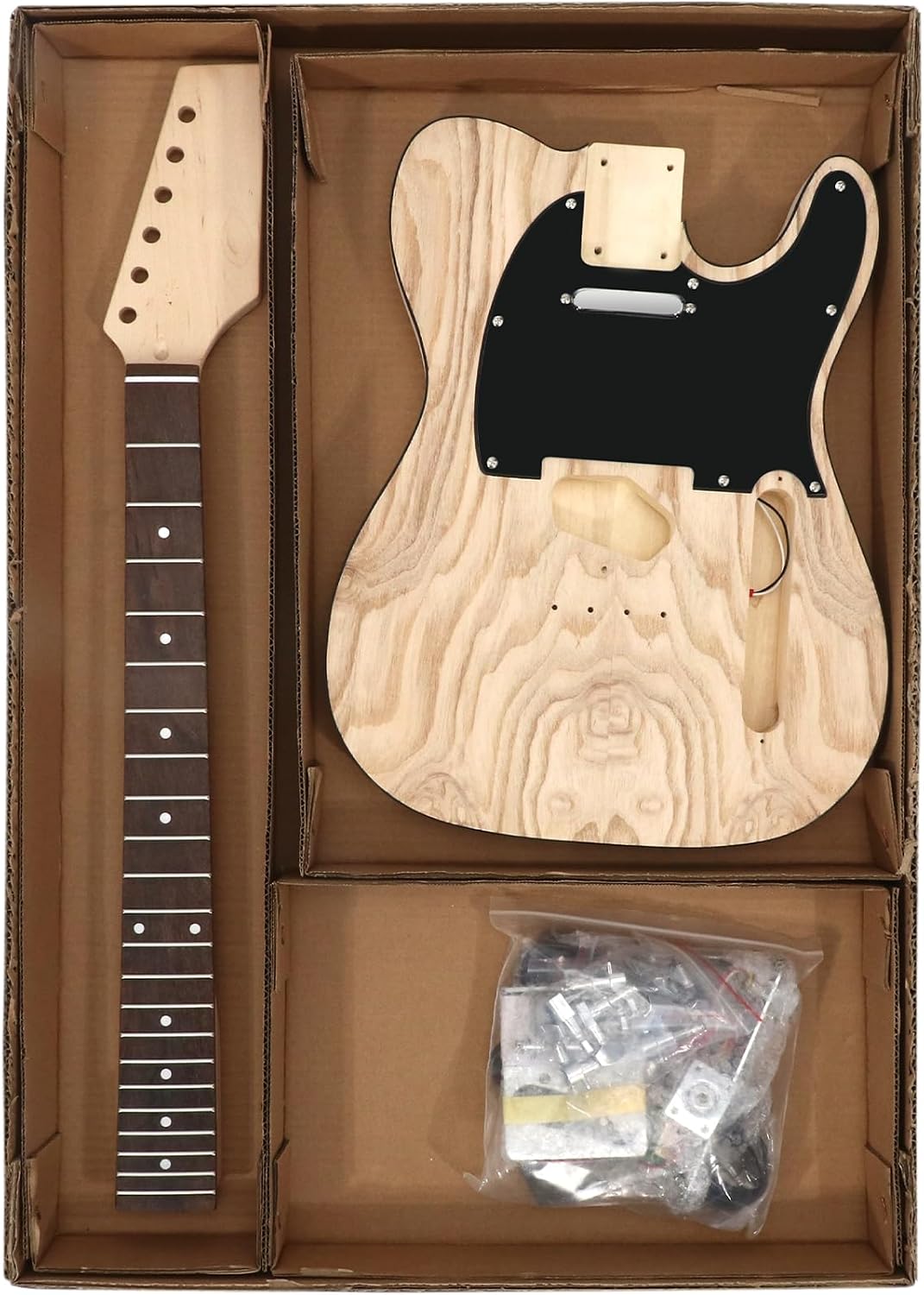 DIY Electric Guitar Kit Beginner Kit TL Style 6 String Right Hand | Basswood Body with Ash Burl Top, Hard Maple Neck, Rosewood Fretboard