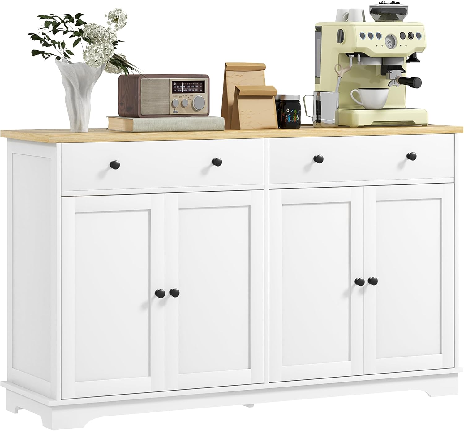 HOMCOM Sideboard Buffet Cabinet Solid Wood Countertop White