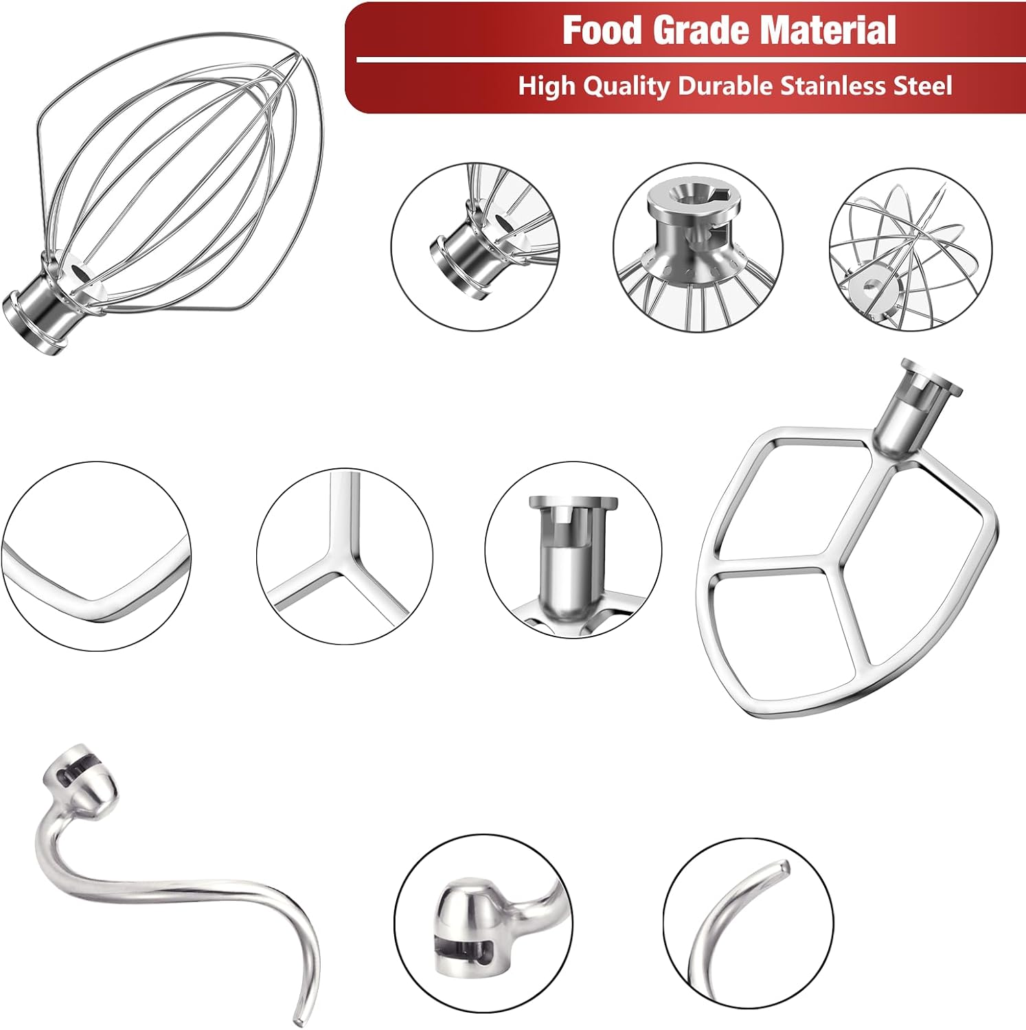 Stainless Steel Stand Mixer Attachments 3-Piece (4.5-5QT Flat Beater, 4.5-5QT Dough Hook, K45WW 6-Wire Whip Attachment) for KitchenAid Tilt-Head Stand Mixer and 4.5-5 Quart Bowl, Dishwasher Safe
