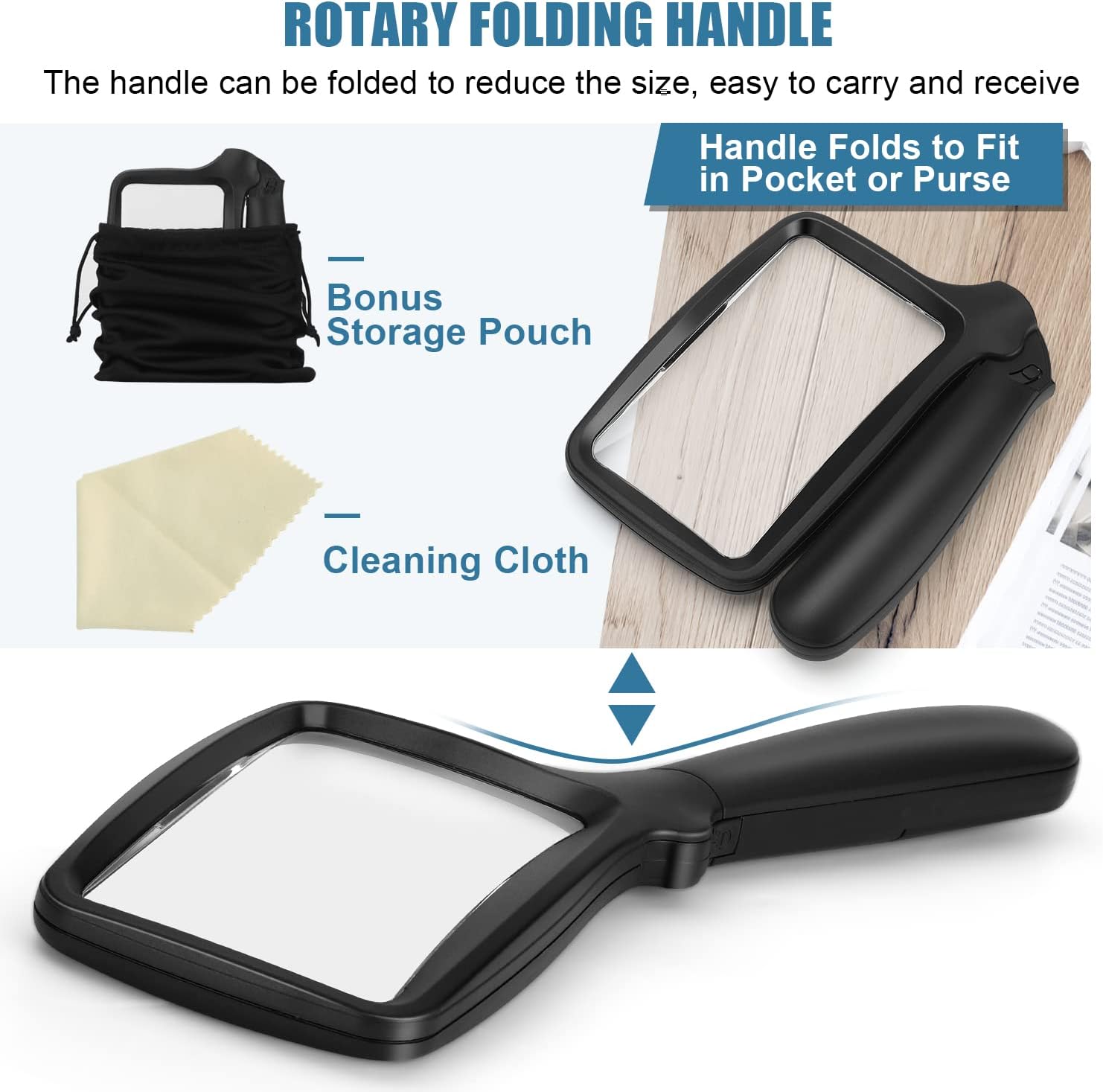 Folding Handheld Magnifying Glass with Light, 5X Large Rectangle Reading Magnifier with Dimmable LED for Seniors with Macular Degeneration, Newspaper