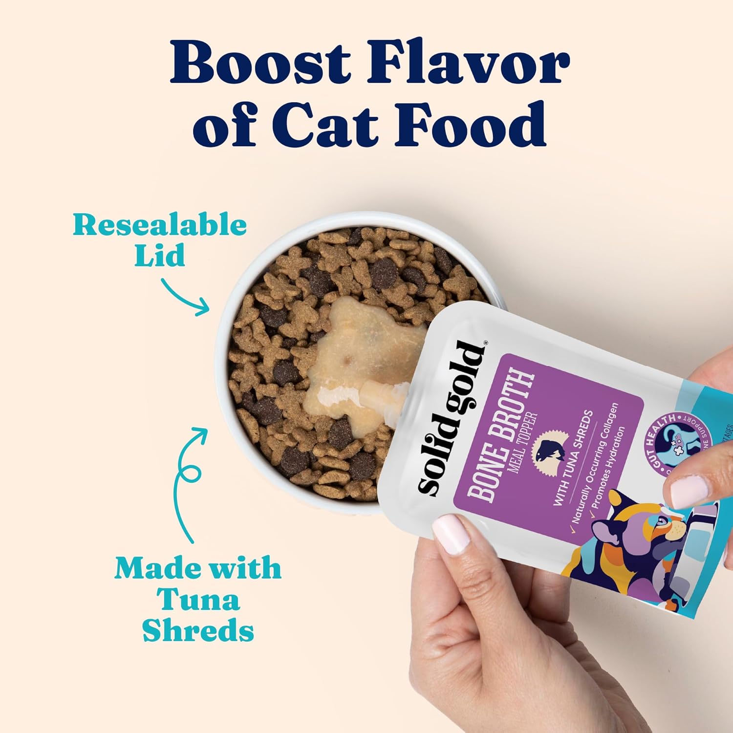 Solid Gold Bone Broth Cat Food Topper, Tuna, Lickable Pouches, 12ct