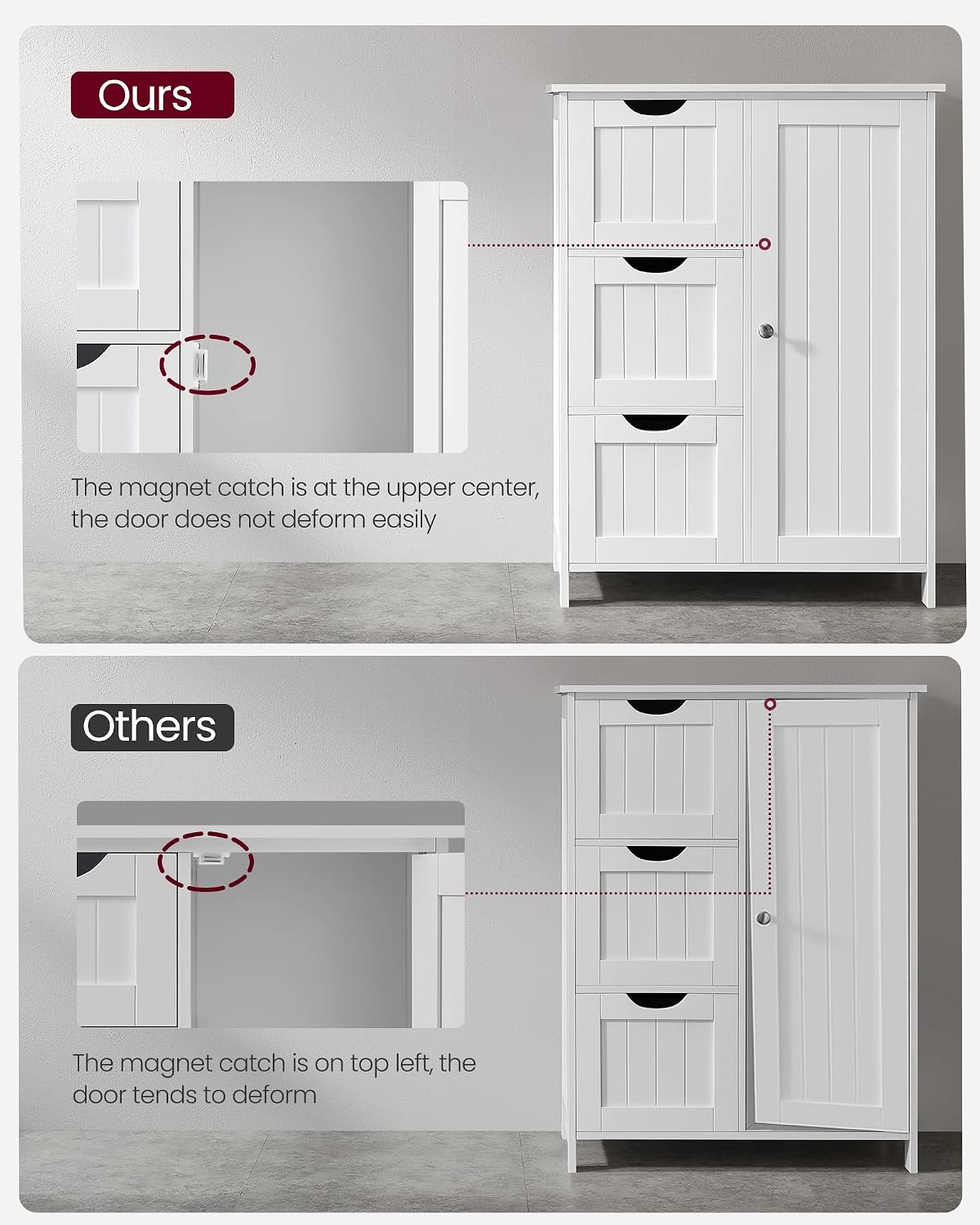VASAGLE Floor Storage Cabinet, Freestanding Storage Unit with 3 Drawers, 1 Adjustable Shelf, for Bathroom Living Room Dining Kitchen, 11.8 x 23.6 x 31.5 Inches, Cloud White UBBC049WH01S