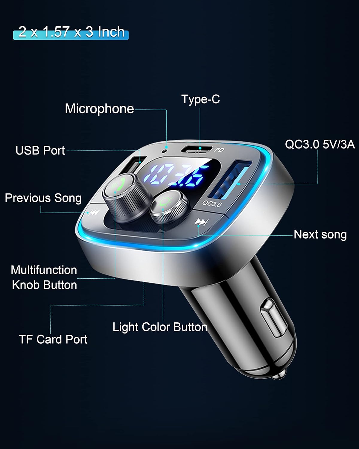 LIHAN Bluetooth Car Adapter 5.4, FM Transmitter, 48W PD/QC Charger