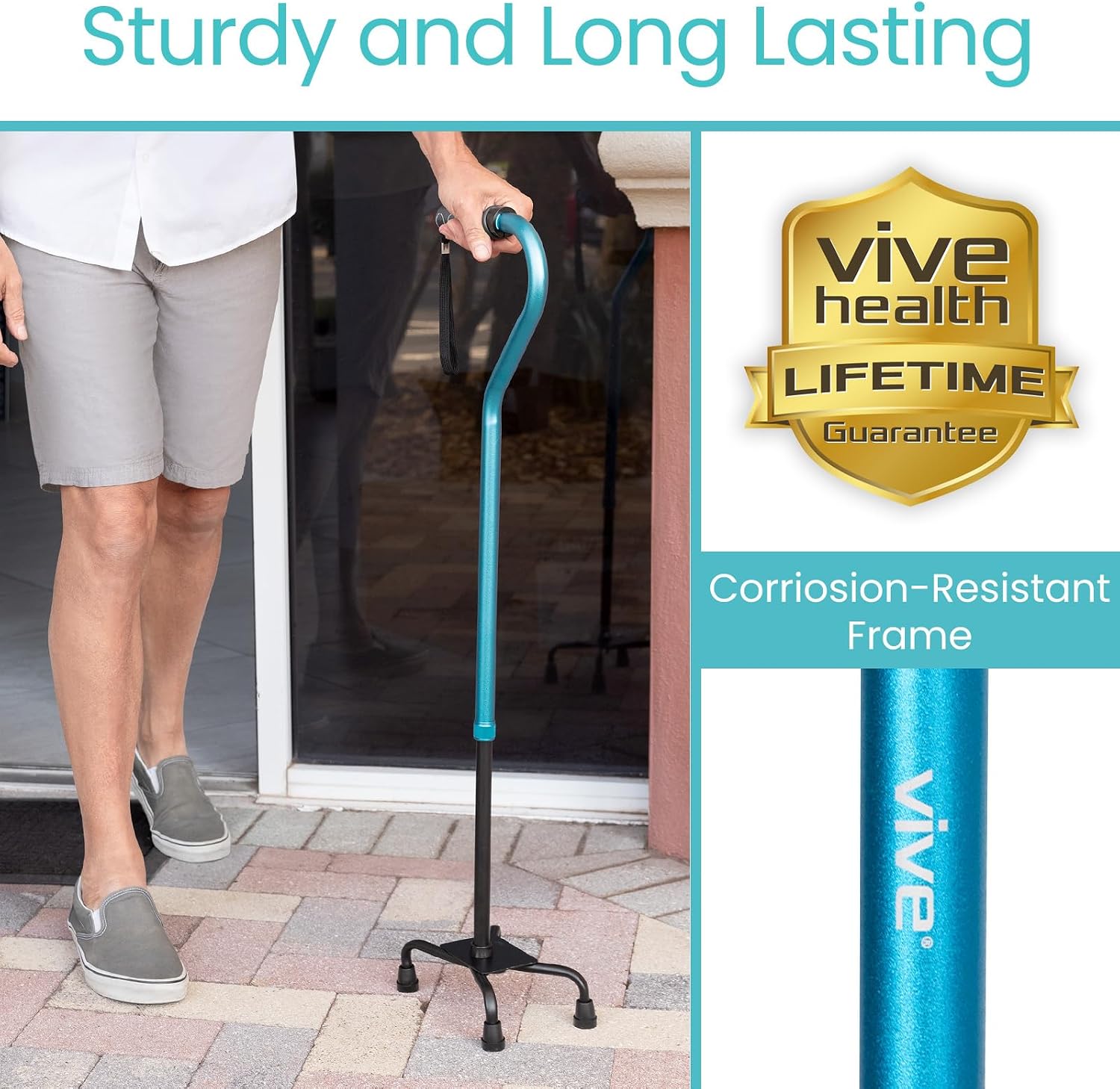 Vive Quad Cane - Walking Stick for Men and Women - Lightweight Adjustable Staff - Comfortable Right and Left Hand Grip for Stability Support - Four Prong Sturdy Aluminum Travel Aid - 4 Tip Blue | Senior 4 Prong Walking Stick for Stability & Balance- Righ…