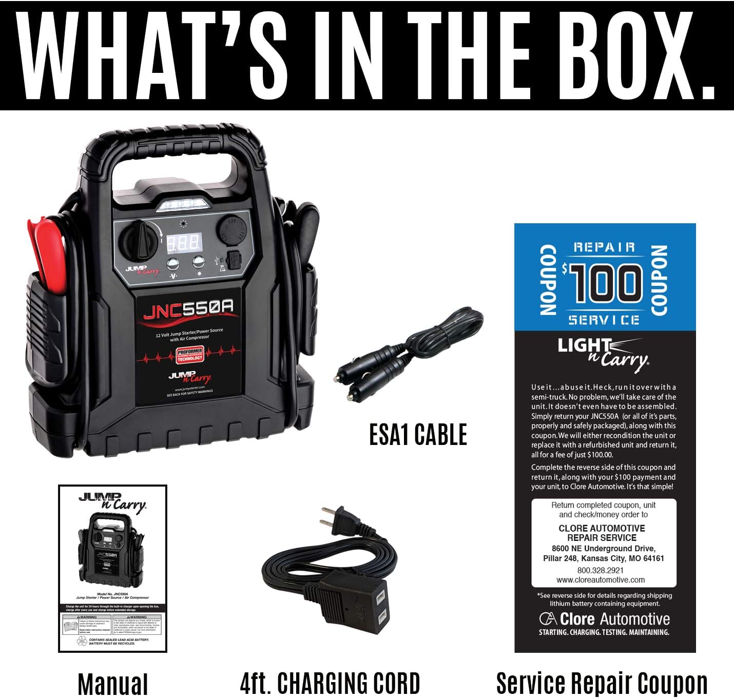 Clore Automotive Jump-N-Carry JNC550A 1100 Peak Amp Jump Starter with Air Compressor , Black