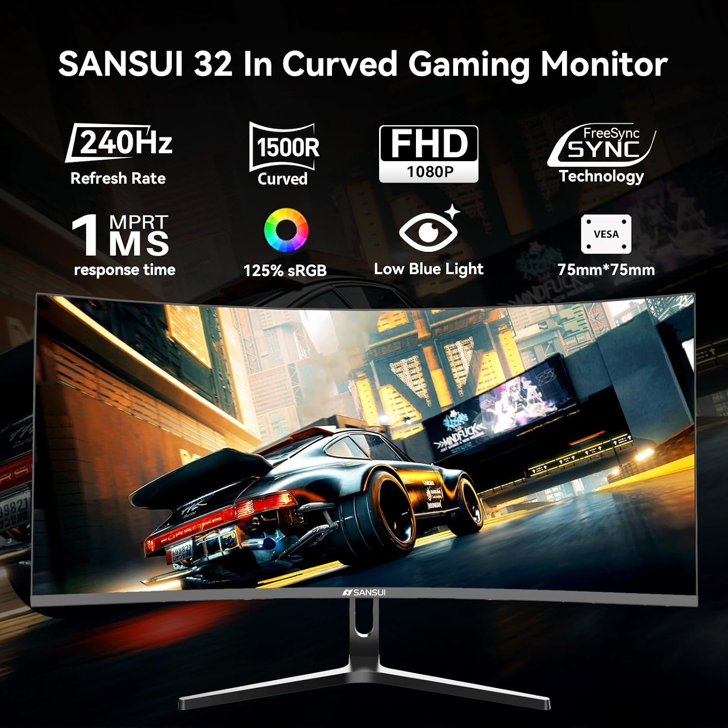 SANSUI 32 Inch Curved 240Hz Gaming Monitor High Refresh Rate, FHD 1080P | Gaming PC Monitor HDMI DP1.4, 1500R Curvature, 1Ms MPRT, HDR,Metal Stand,VESA Compatible(DP Cable Incl.)