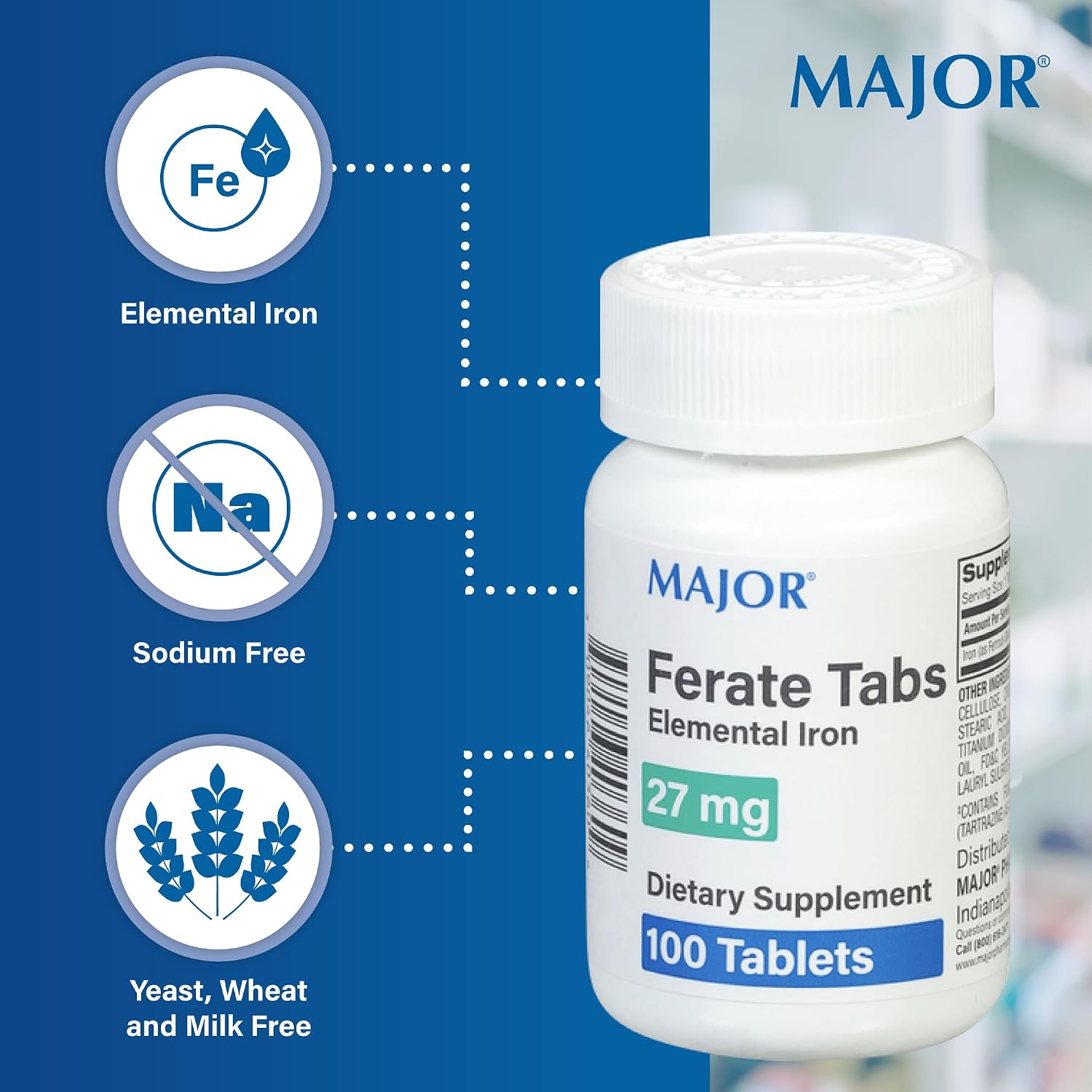 Major 27 mg Ferate Tabs - Ferrous Gluconate Elemental Iron Dietary Supplement - 100 Count (3 Pack)