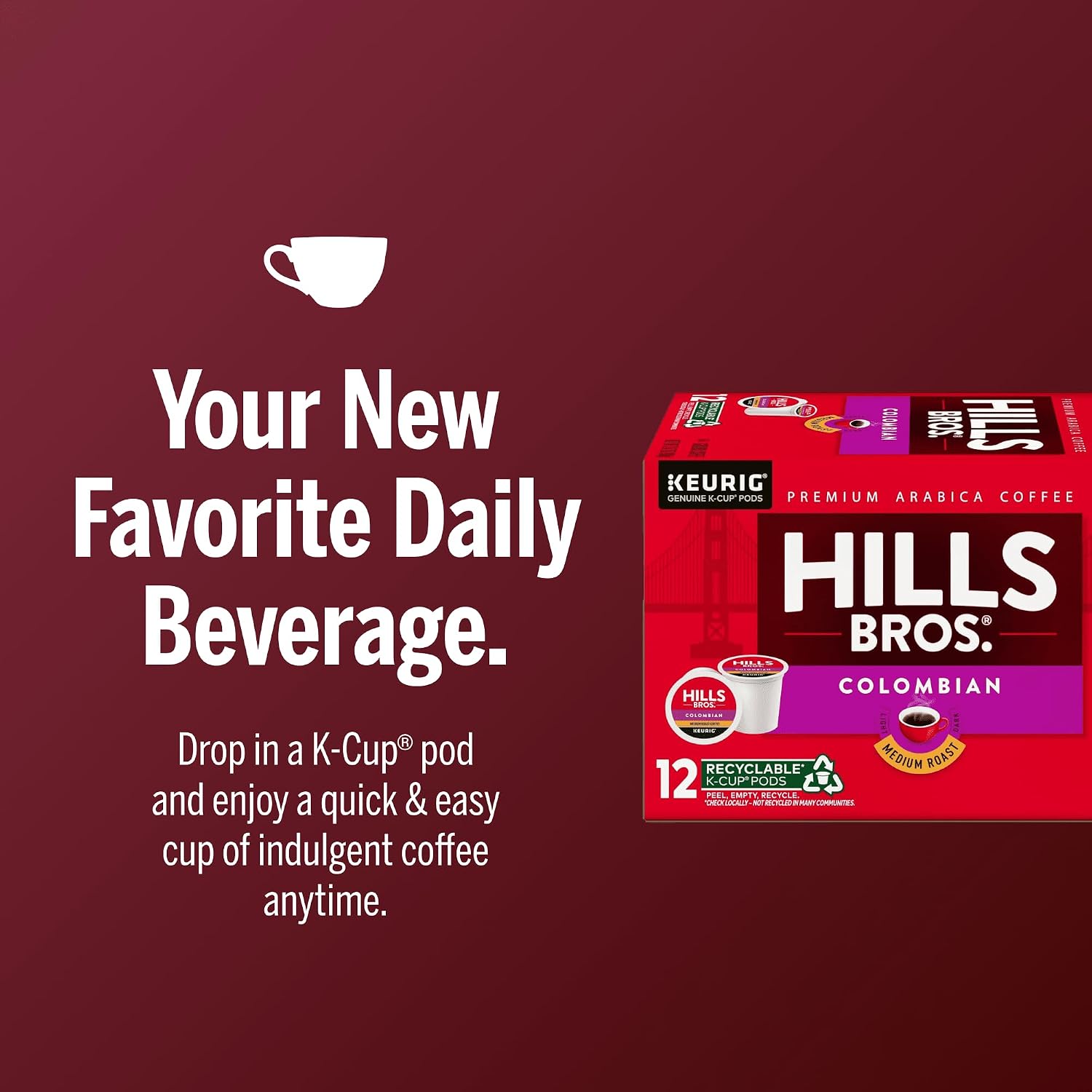 Hills Bros Single Serve Coffee Pods, 100% Colombian Ground Coffee, Medium Roast, 12 Count – Keurig Compatible, Roasted 100% Arabica Beans, Smooth Balanced Flavor