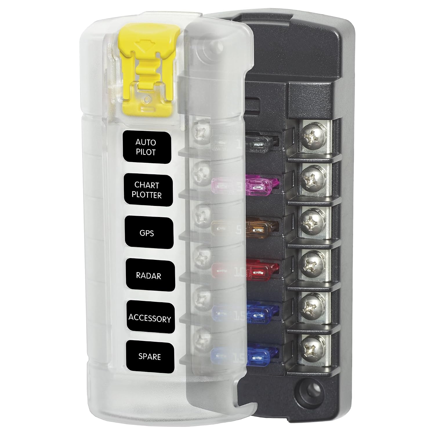 Blue Sea Systems ST Blade Fuse Block 6 Way Circuits with Negative Bus and Cover, 100 Amps, 5025