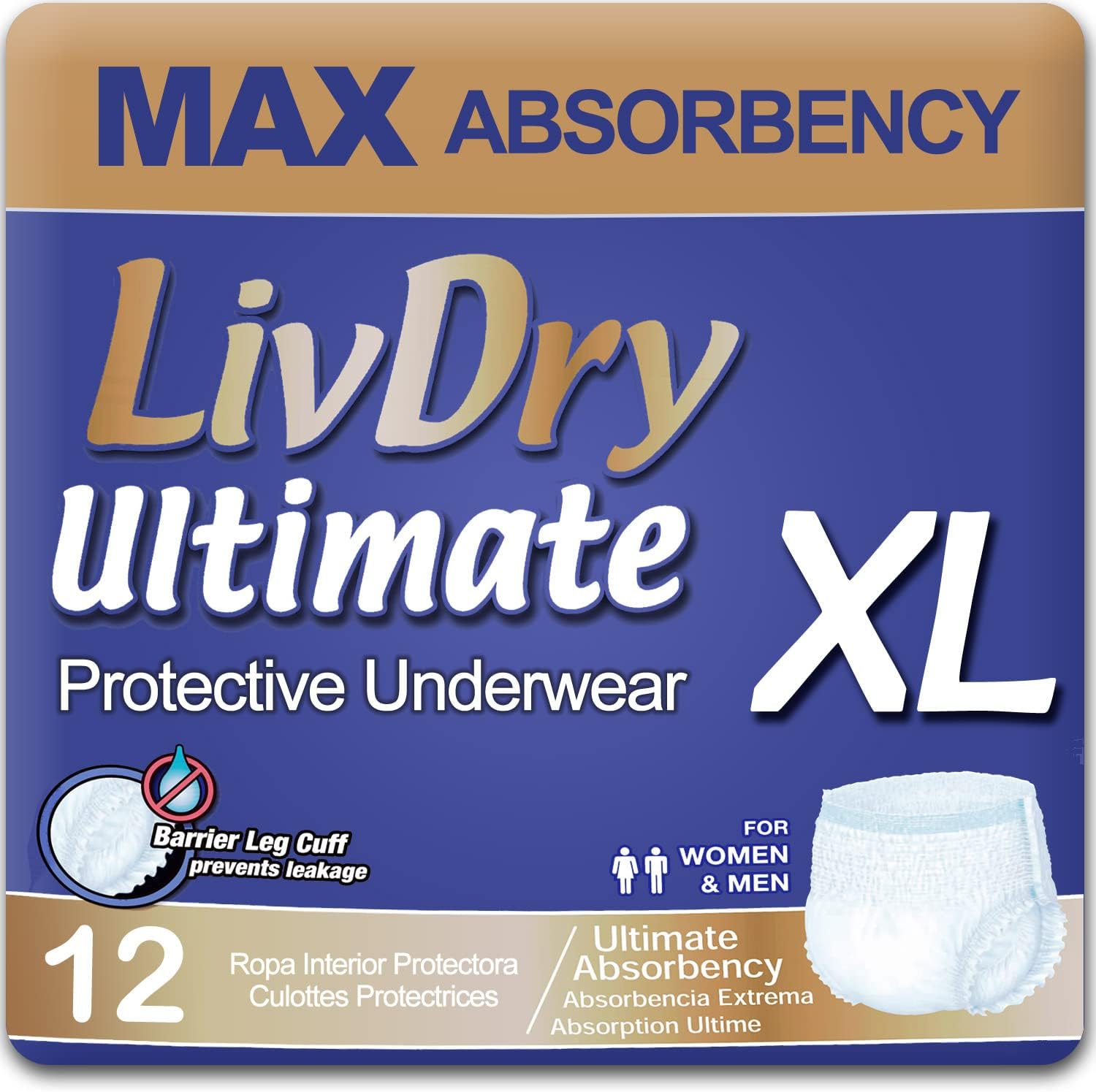 LivDry Ultimate XL Adult Incontinence Underwear, High Absorbency, Leak Cuff Protection, X-Large, 48-Pack