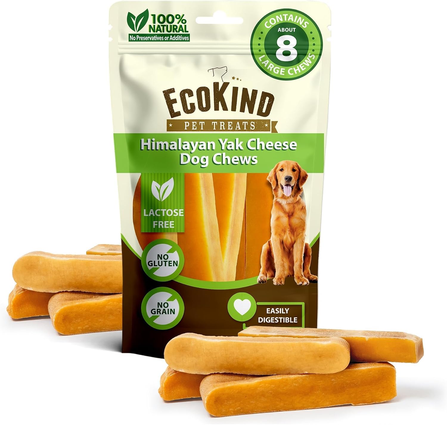 EcoKind Yak Cheese Himalayan Dog Chews, Yak Chews for Large Dogs, 4-5 Bones | 1 Lb, Long Lasting for Aggressive Chewers, Only 3 Ingredient Natural High Protein Dental Dog Treats, No Additives or Lactose
