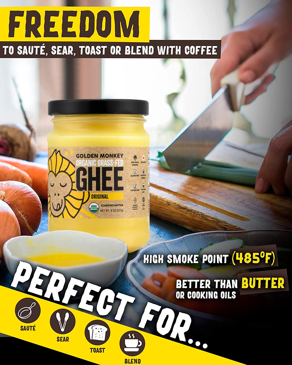 GOLDEN MONKEY Organic Ghee Butter – Grass Fed Clarified Butter for Cooking, Baking