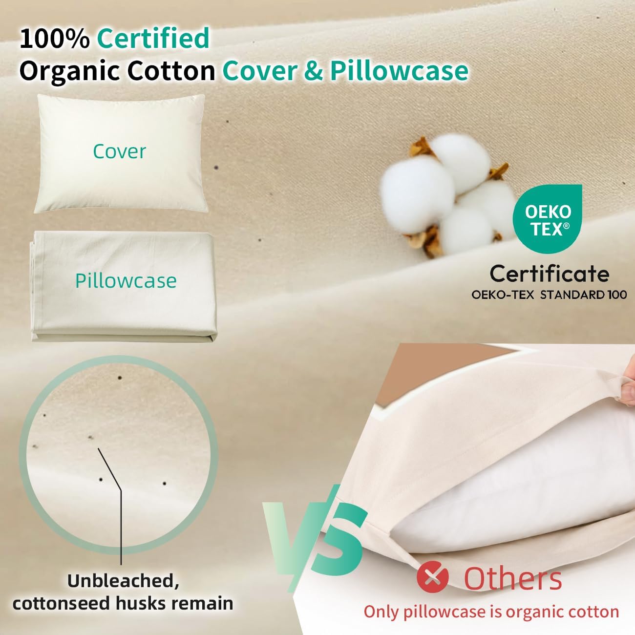 Organic Buckwheat Pillow for Sleeping with Organic Cotton Pillowcase
