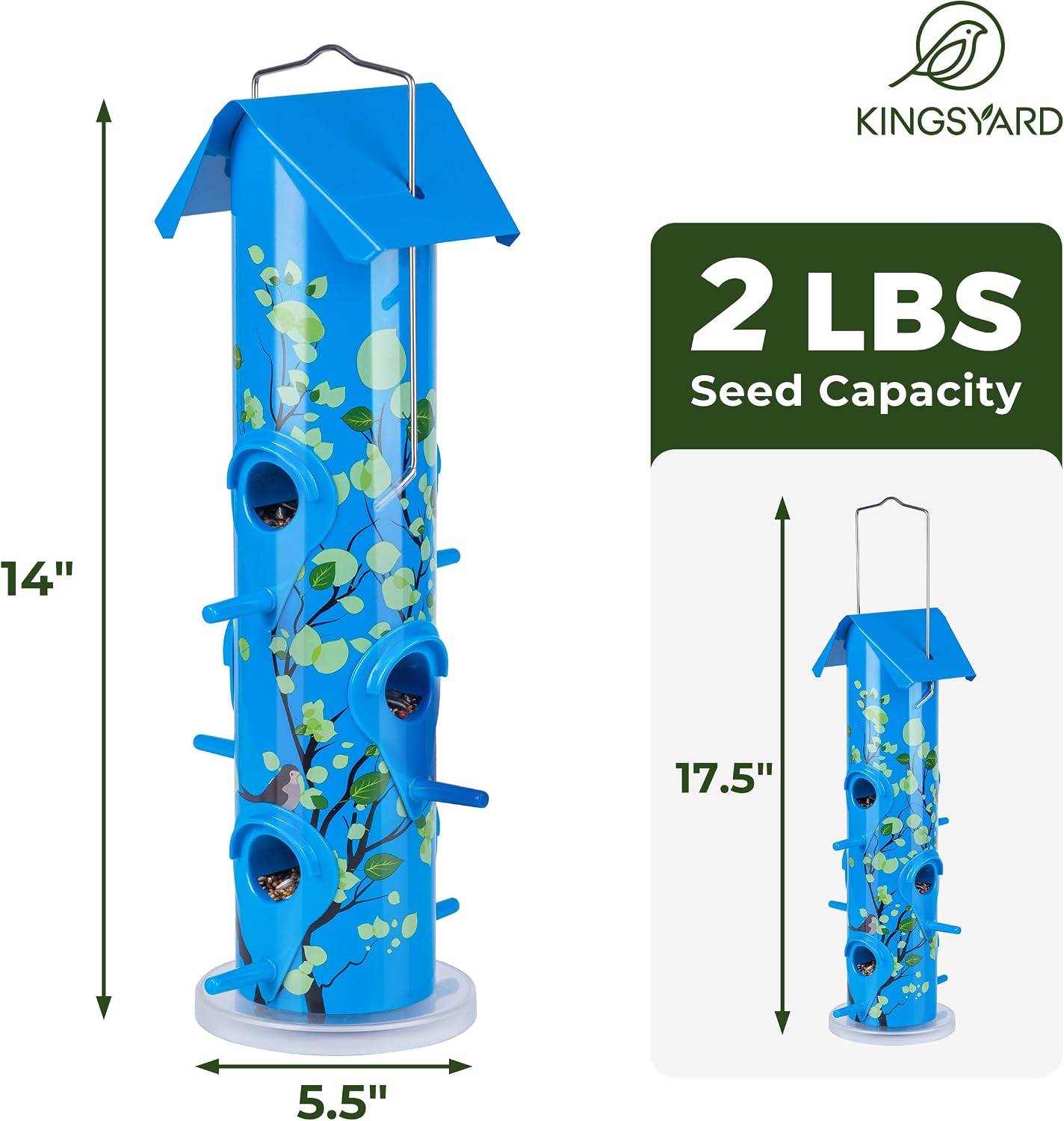 Kingsyard Metal Bird Feeders for Outdoors Hanging, Tube Bird Feeder | 14 in, 6 Feeding Ports, drainage holes, 2 lbs Seed Capacity, Weatherproof, Stays Dry & Fresh, Easy to Clean & Refill, Yellow