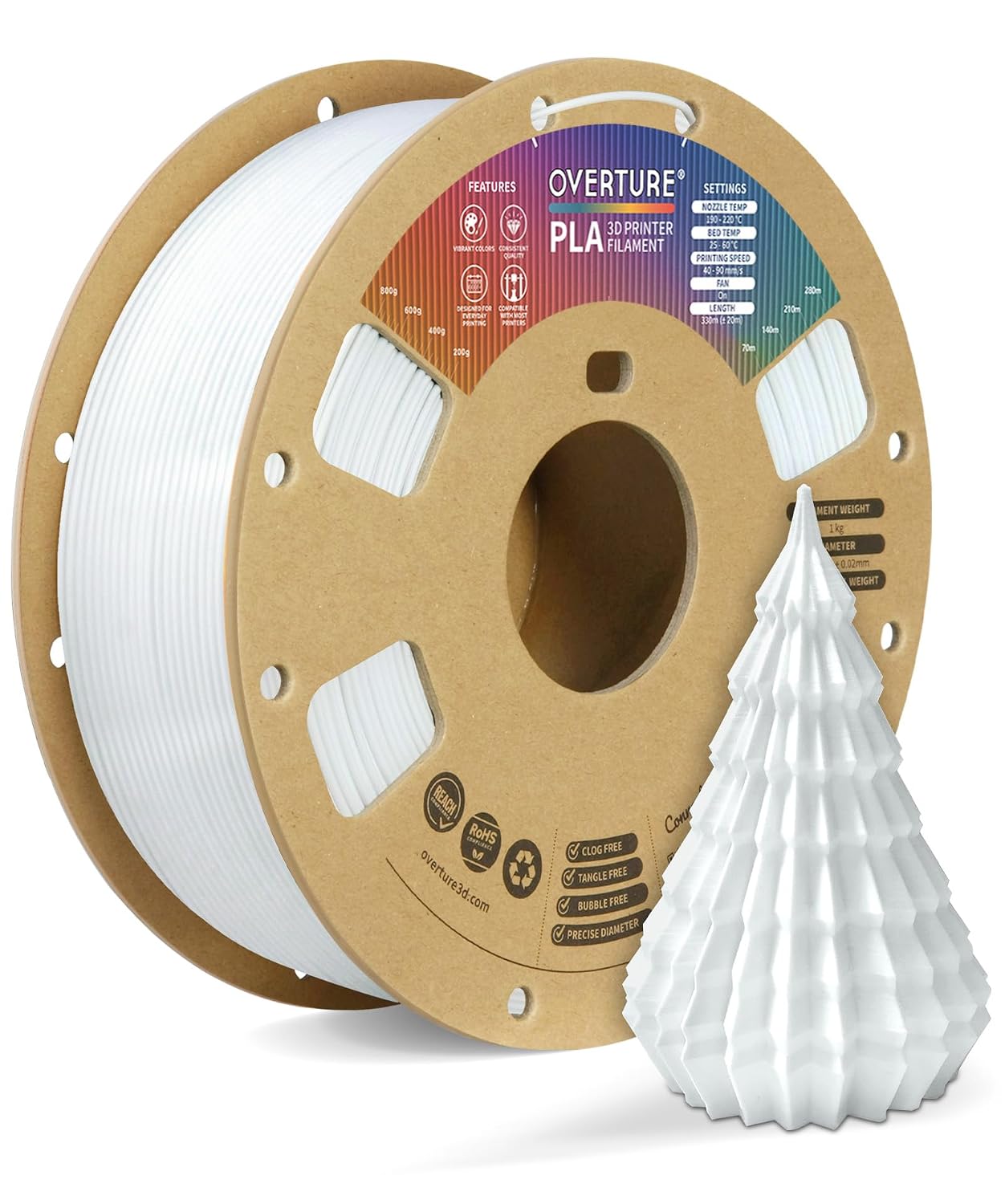 OVERTURE High Speed PLA Filament 1.75mm 3D Printer Filament,1kg White