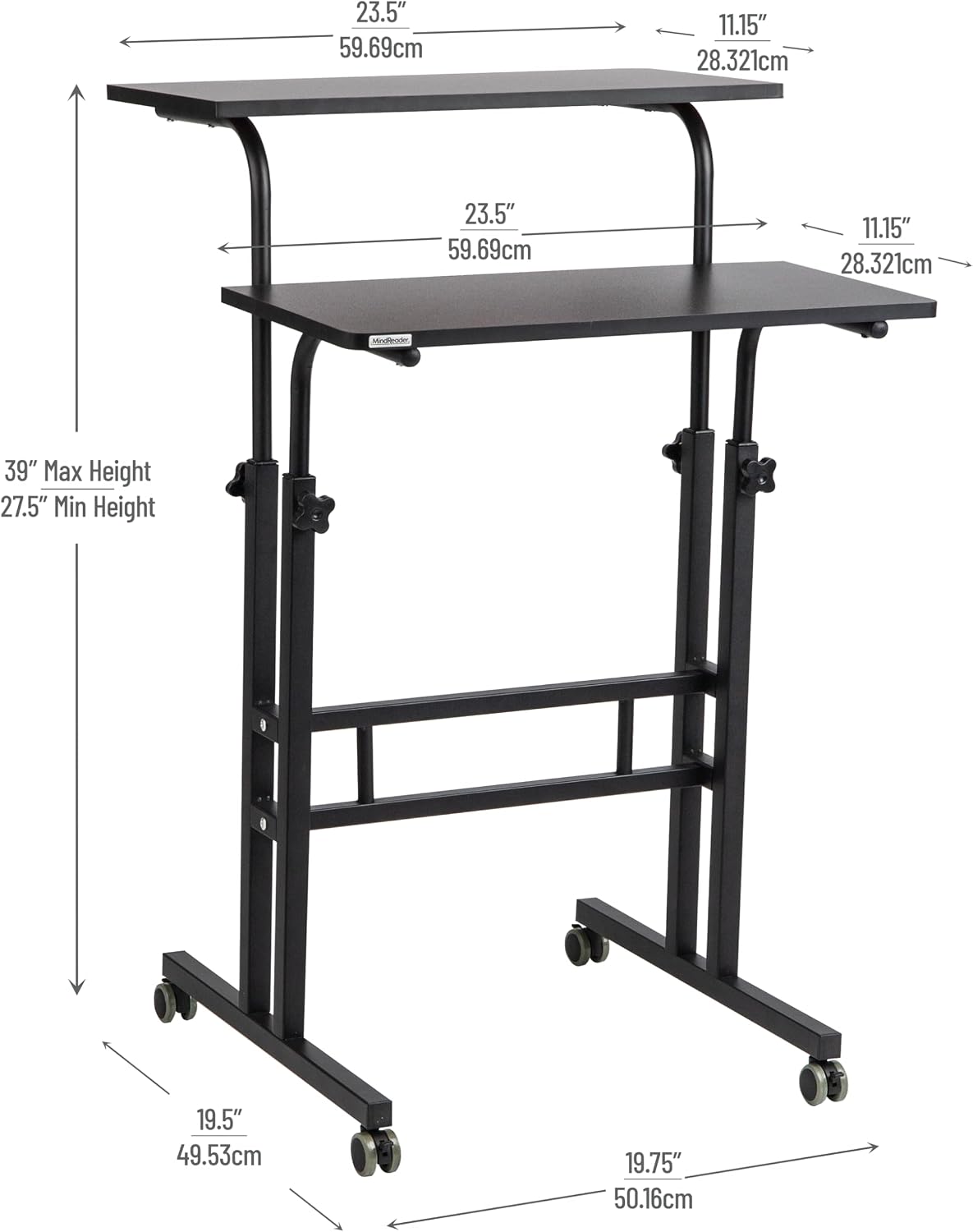 Mind Reader Standing Desk, Adjustable Height Laptop Workstation, Portable Rolling Desk on Wheels, Two-Tier Metal Frame, Black