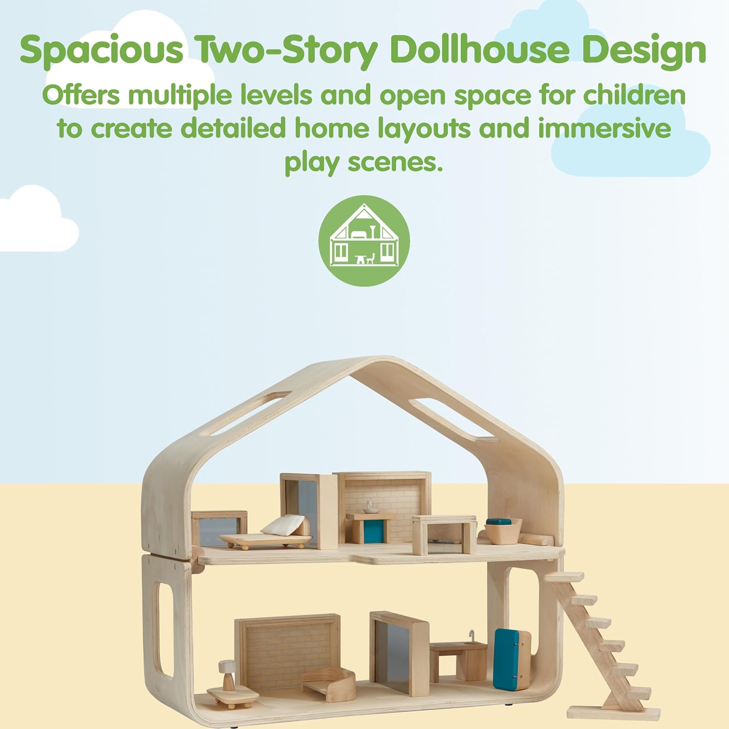 PlanToys® Green Wooden Dollhouse with Solar Panel, Wind Turbine & Furniture | recycling system, eco-friendly doll house, sustainable pretend play, kids, girls, environmental learning gift for boys