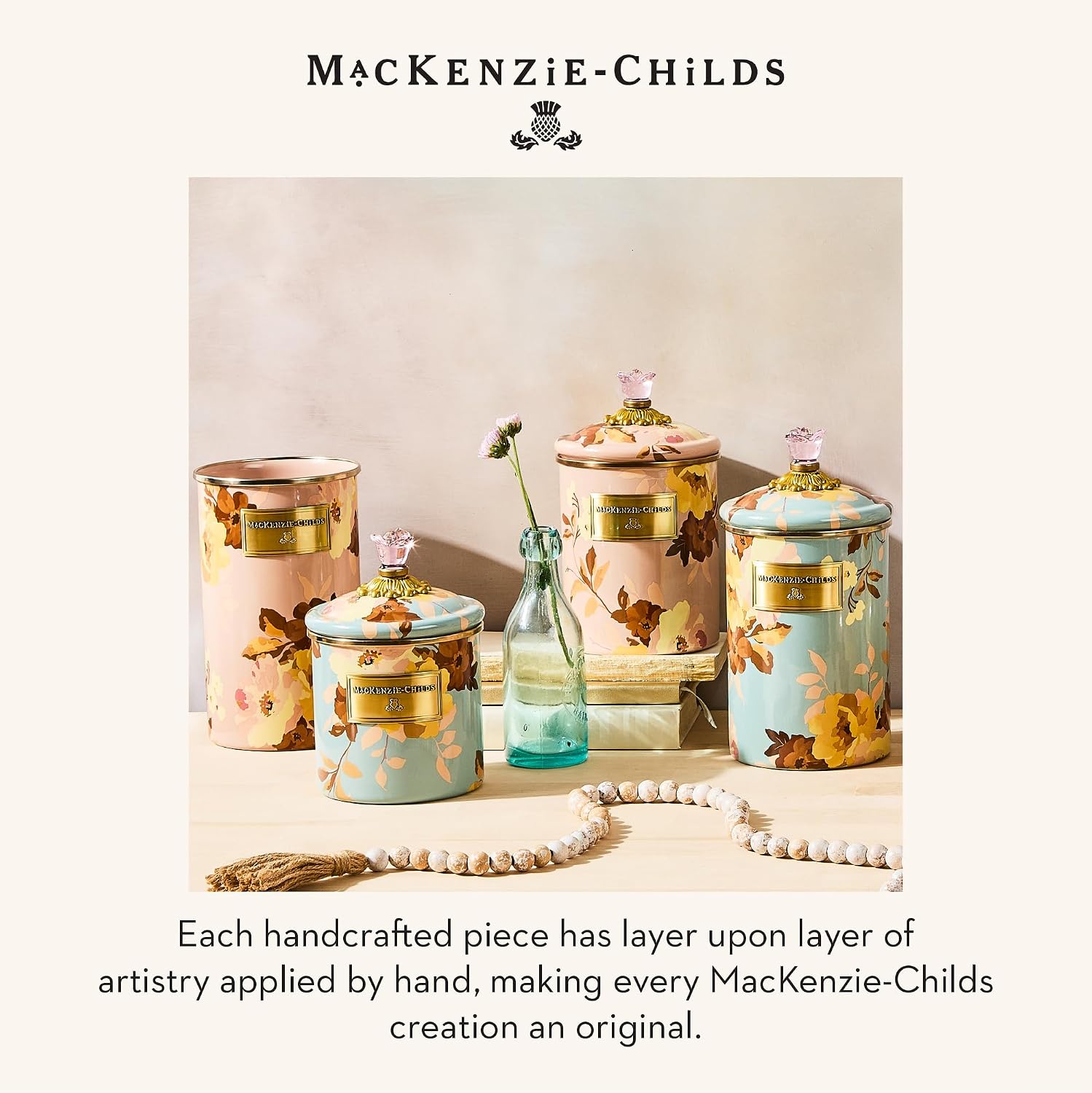 MACKENZIE-CHILDS Enamel Canister, Large, White Butterfly Garden | Hand-applied design, made from enameled steel, versatile kitchen storage container for flour and sugar, 64-ounce capacity