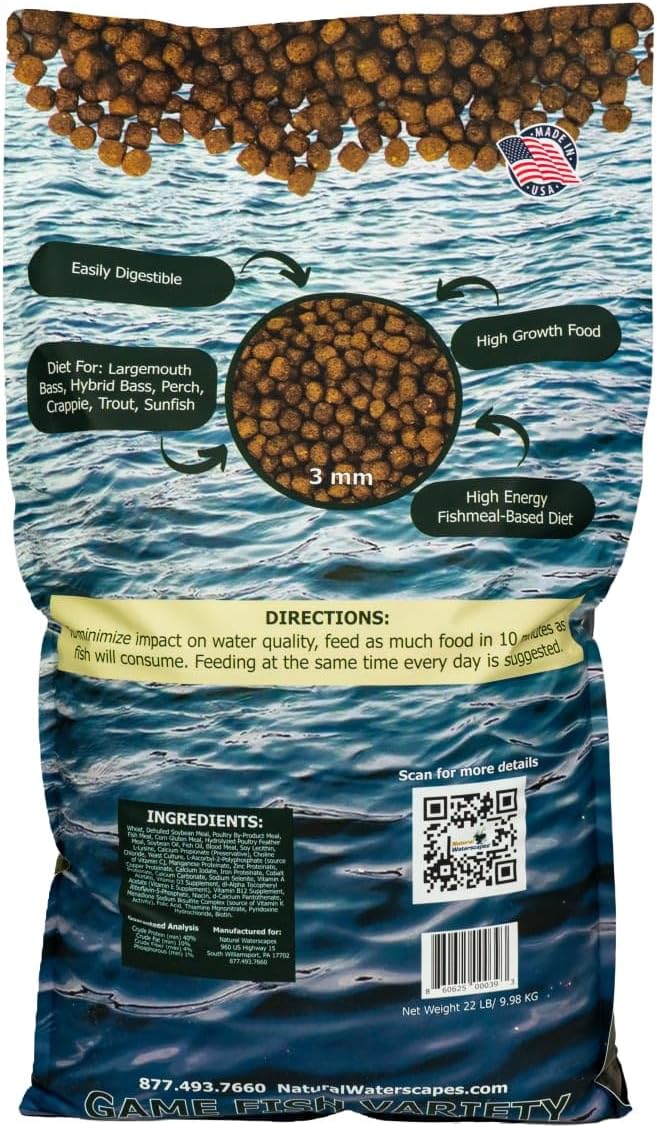 Natural Waterscapes Game Fish Food Variety | Pond and Lake Fish Food Pellets | 22 lb Bag | Feed to Bass, Bluegill, Trout, Catfish