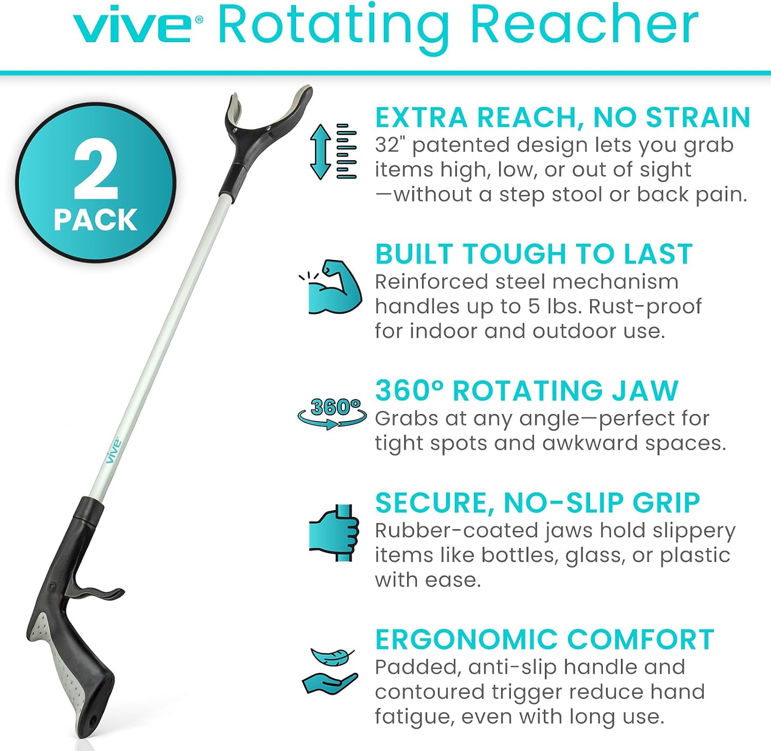 Vive Reacher Grabber 32" - Extra Long Mobility Aid - Rotating Hand, Heavy Duty Grip Arm - Reaching Assist Tool for Trash Pickup, Litter Picker, Garden Nabber, Disabled, Handicap Arm | Duty Grip Arm - Reaching Assist Tool for Trash Pickup, Litter Picker,…