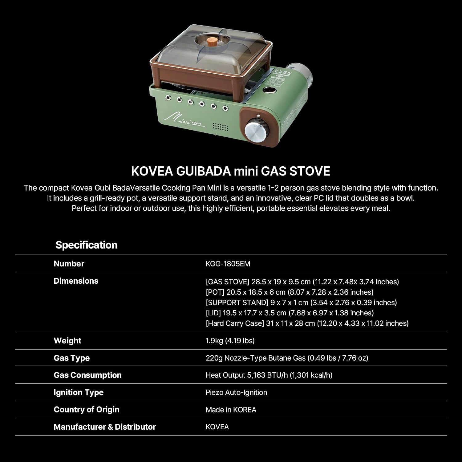 Kovea Guibada Mini Portable Gas Stove KGG-1805EM, All-in-One Camping Cookware with Grill Pan, Pot Support, and Versatile Serving Lid
