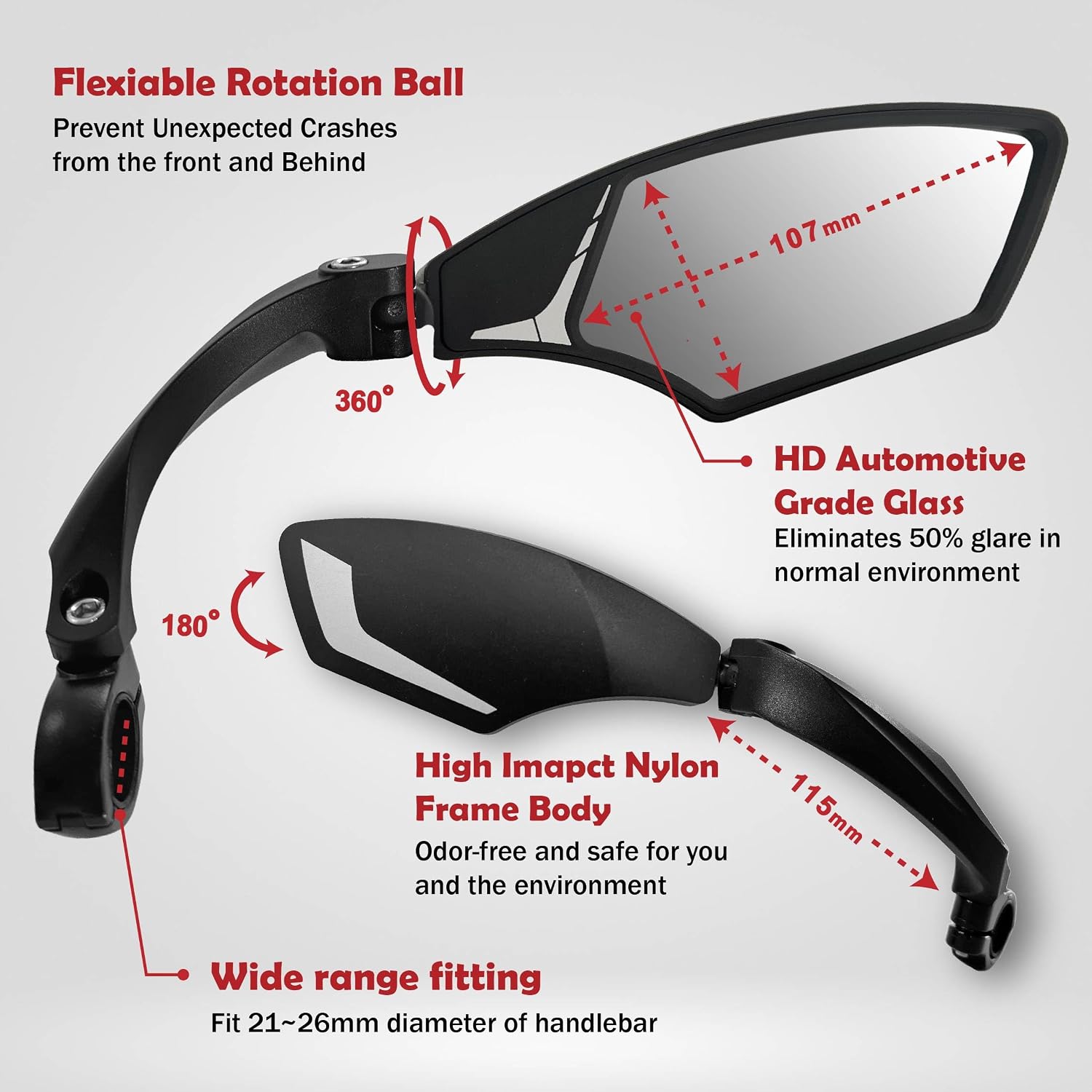 Hafny Handlebar Bike Mirror – HD Glass, Wide Angle, Adjustable 360° Rear View – Shatterproof, Anti-Glare, Premium, MTB, E-Bike, and Commuter Cycling Safety, HF-MR095 (Silver Left)