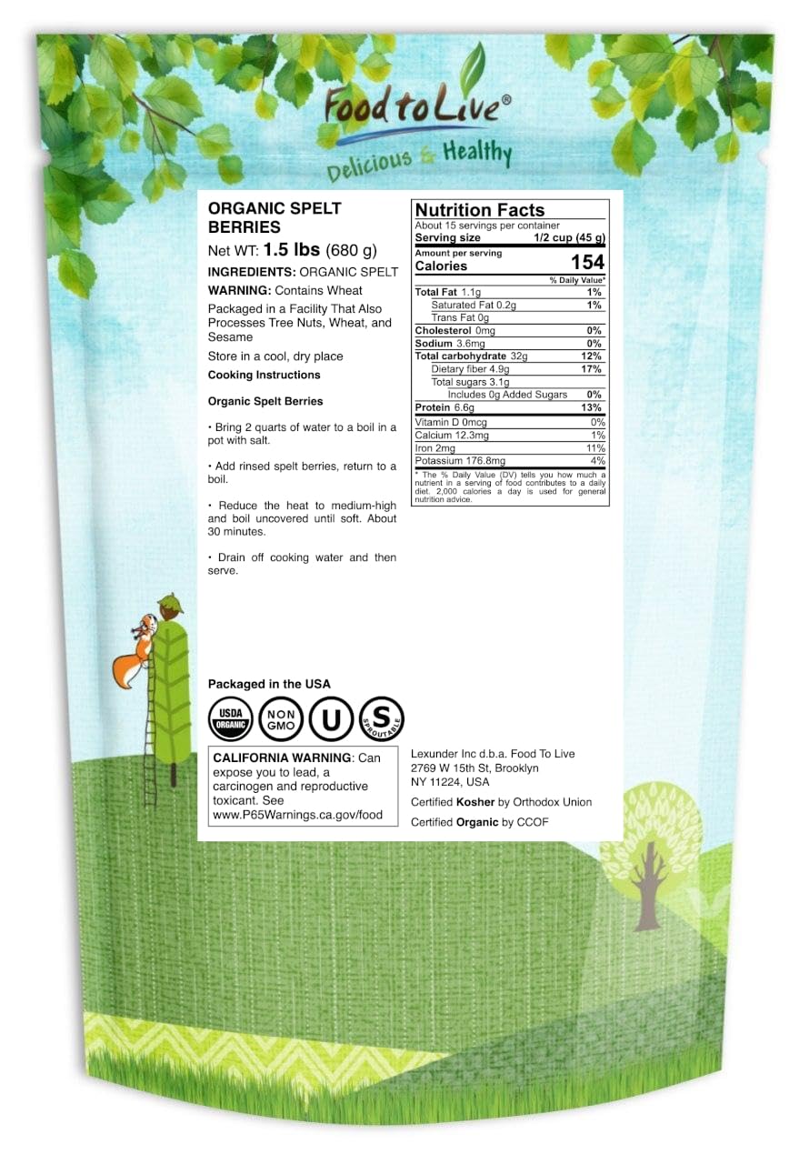 Food to Live Organic Spelt Berries, 3 Pounds - Non-GMO, Whole Grain, Non-Irradiated, Vegan Superfood, Bulk, Product of the USA