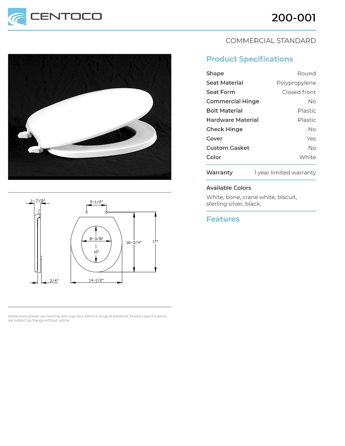 Centoco Toilet Seat Elongated, Residential, Top Mount Plastic Hinge, Black | Plastic, Closed Front, Cover, Made in the USA, 600-407