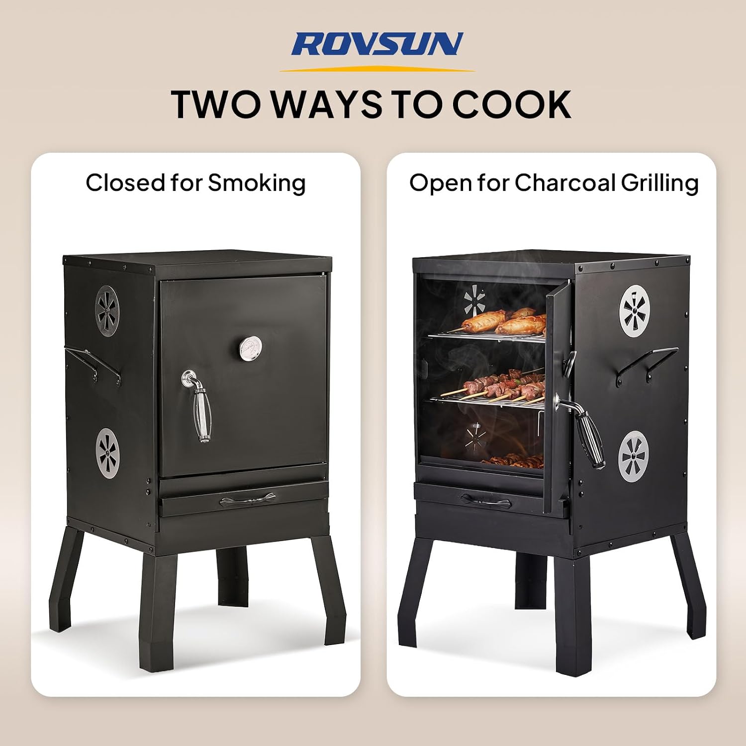 ROVSUN 2-in-1 Outdoor Smoker, Vertical Portable Charcoal Grill Smoker with Two Detachable Grill Smoking Racks and Charcoal Pan
