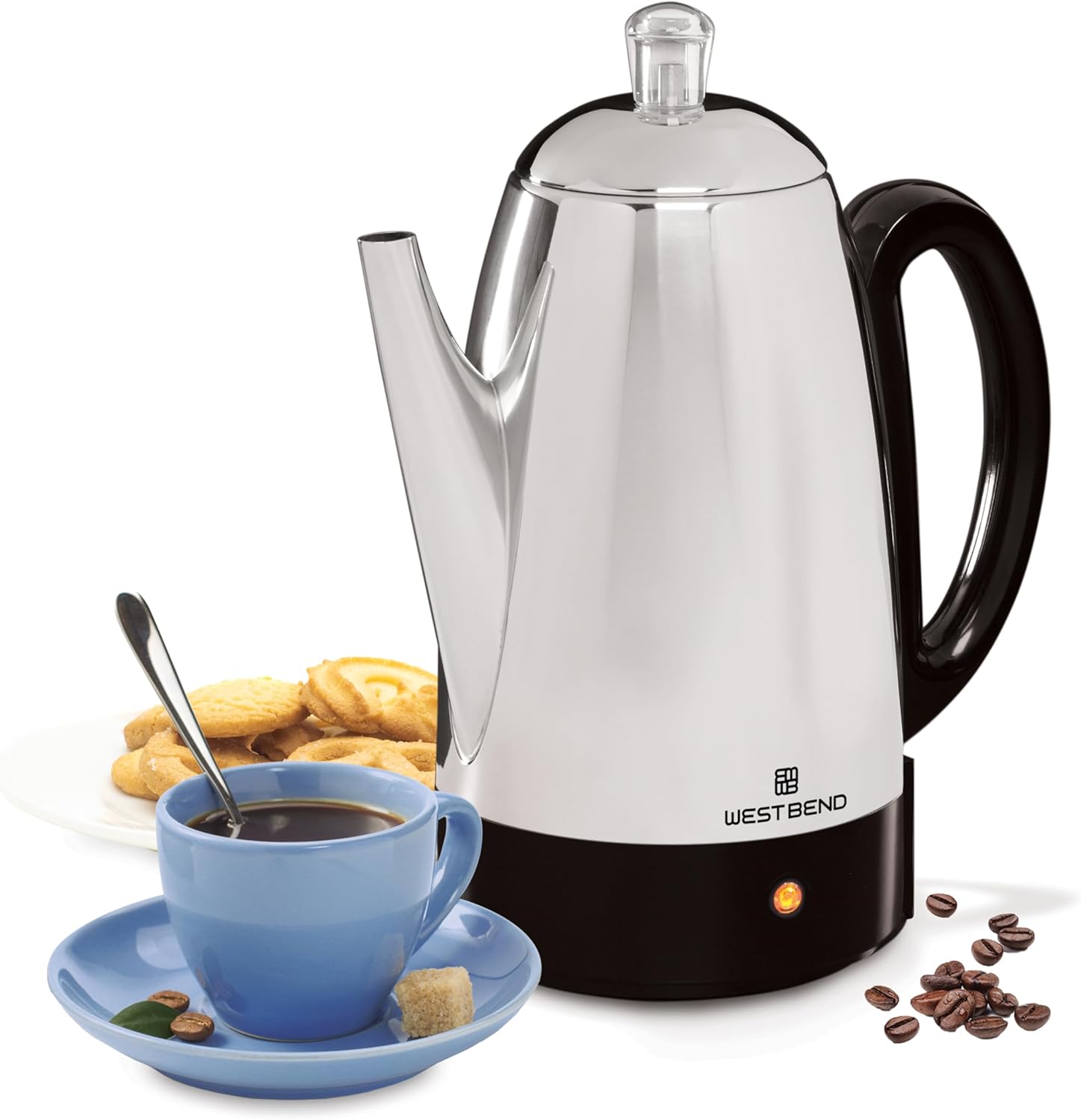 West Bend Electric Percolator Classic Style Coffee Maker with Heat Resistant Handle Base and Detachable Cord with Stainless Steel Stem and Basket