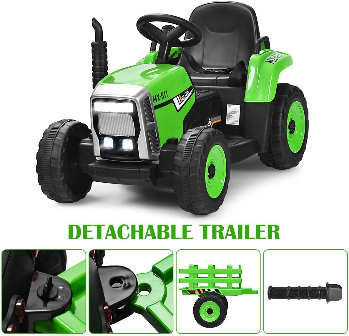 Costzon Ride on Tractor with Detachable Trailer, Kids' Electric Vehicles w/3-Gear-Shift Ground Loader, Wireless Design & USB, 7 LED Headlights